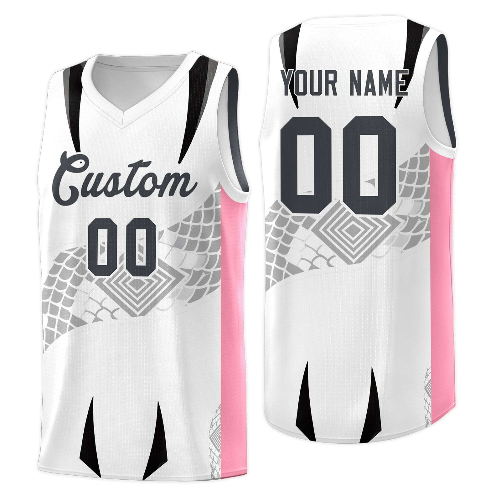 Custom White Light Pink Snake Scale Venomous Fang for Leagues Graffiti Pattern Basketball Suit Jersey