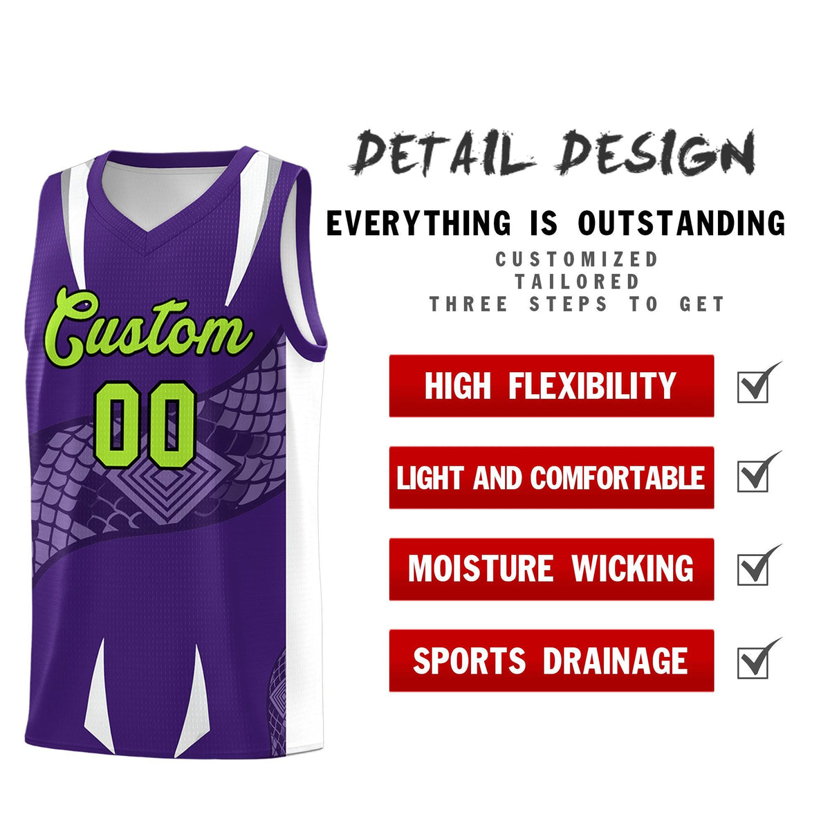 Custom Purple White Snake Scale Venomous Fang Breathable Graffiti Pattern Basketball Suit Jersey