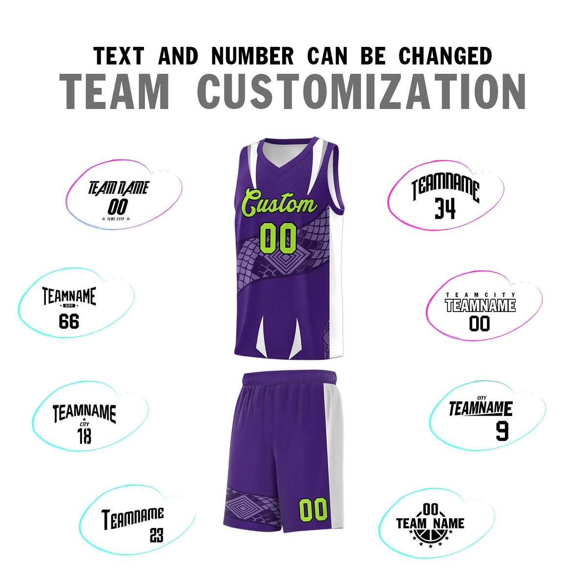Custom Purple White Snake Scale Venomous Fang Breathable Graffiti Pattern Basketball Suit Jersey
