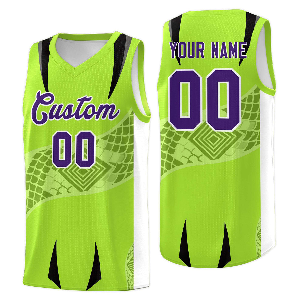 Custom Neon Green White Snake Scale Venomous Fang for Clubs Graffiti Pattern Basketball Suit Jersey