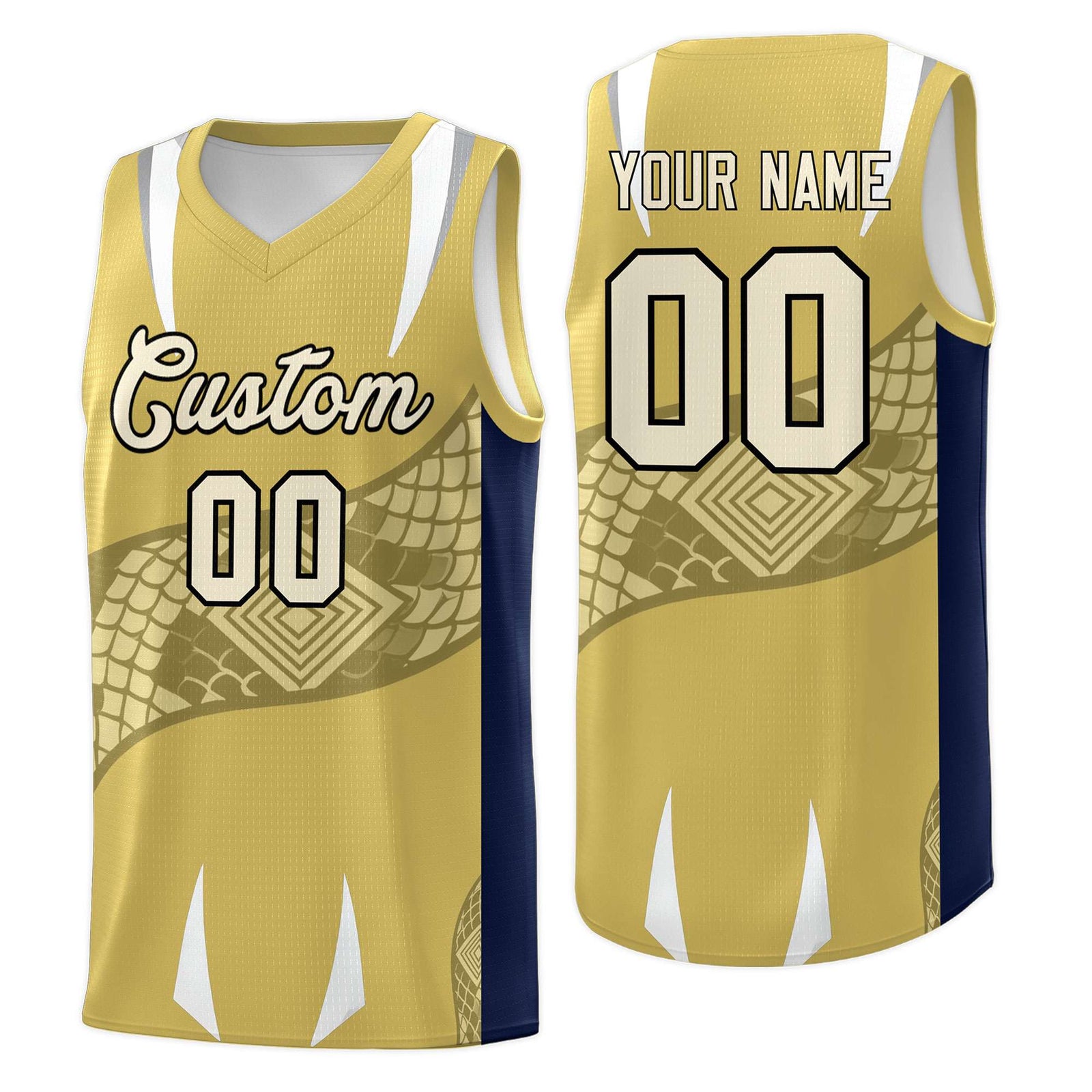 Custom Old Gold Navy Snake Scale Venomous Fang Drapable Graffiti Pattern Basketball Suit Jersey