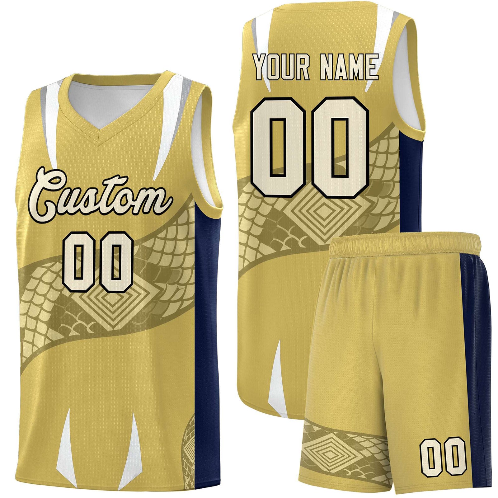 Custom Old Gold Navy Snake Scale Venomous Fang Drapable Graffiti Pattern Basketball Suit Jersey