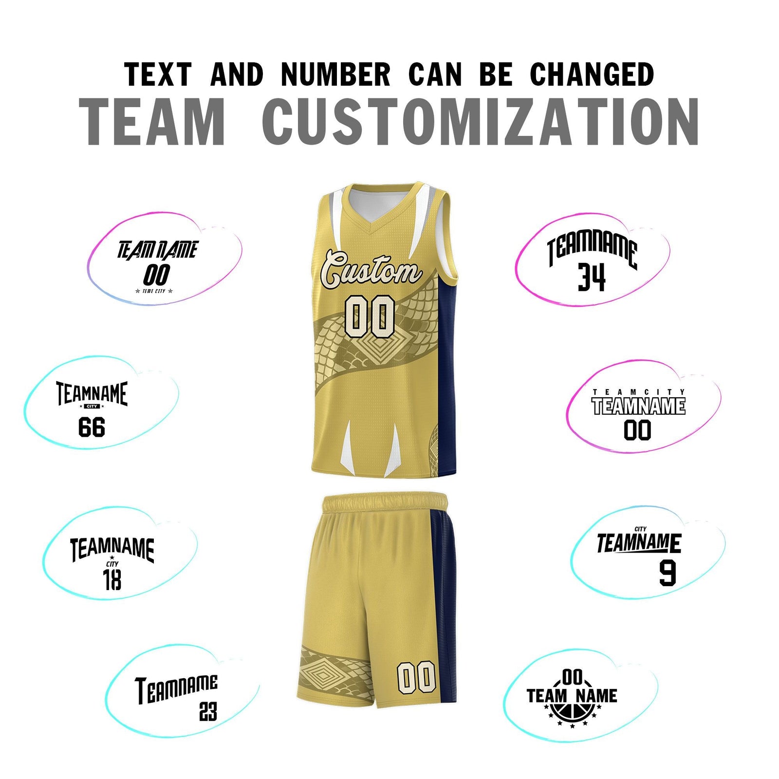 Custom Old Gold Navy Snake Scale Venomous Fang Drapable Graffiti Pattern Basketball Suit Jersey
