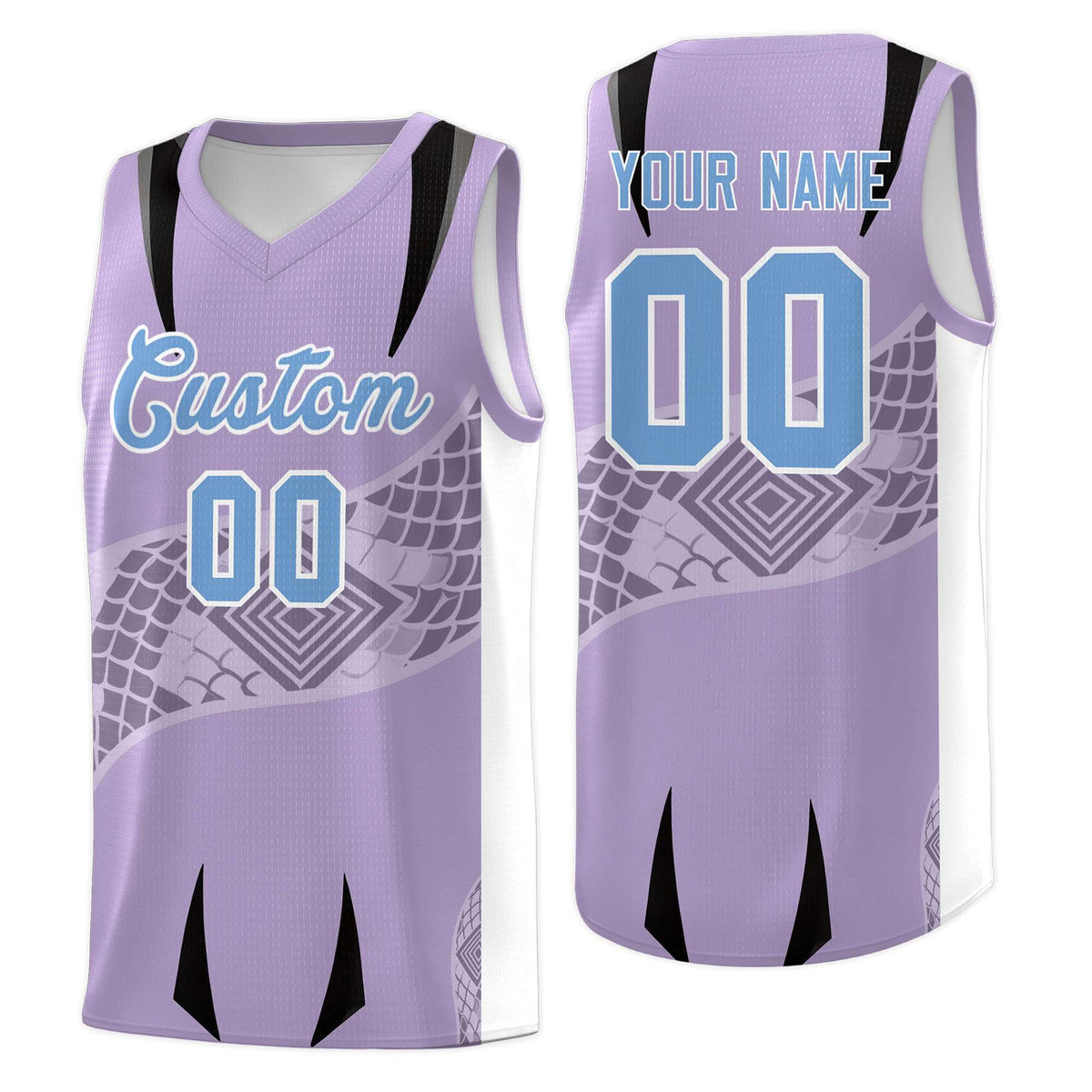 Custom Light Purple White Snake Scale Venomous Fang for Team Graffiti Pattern Basketball Suit Jersey