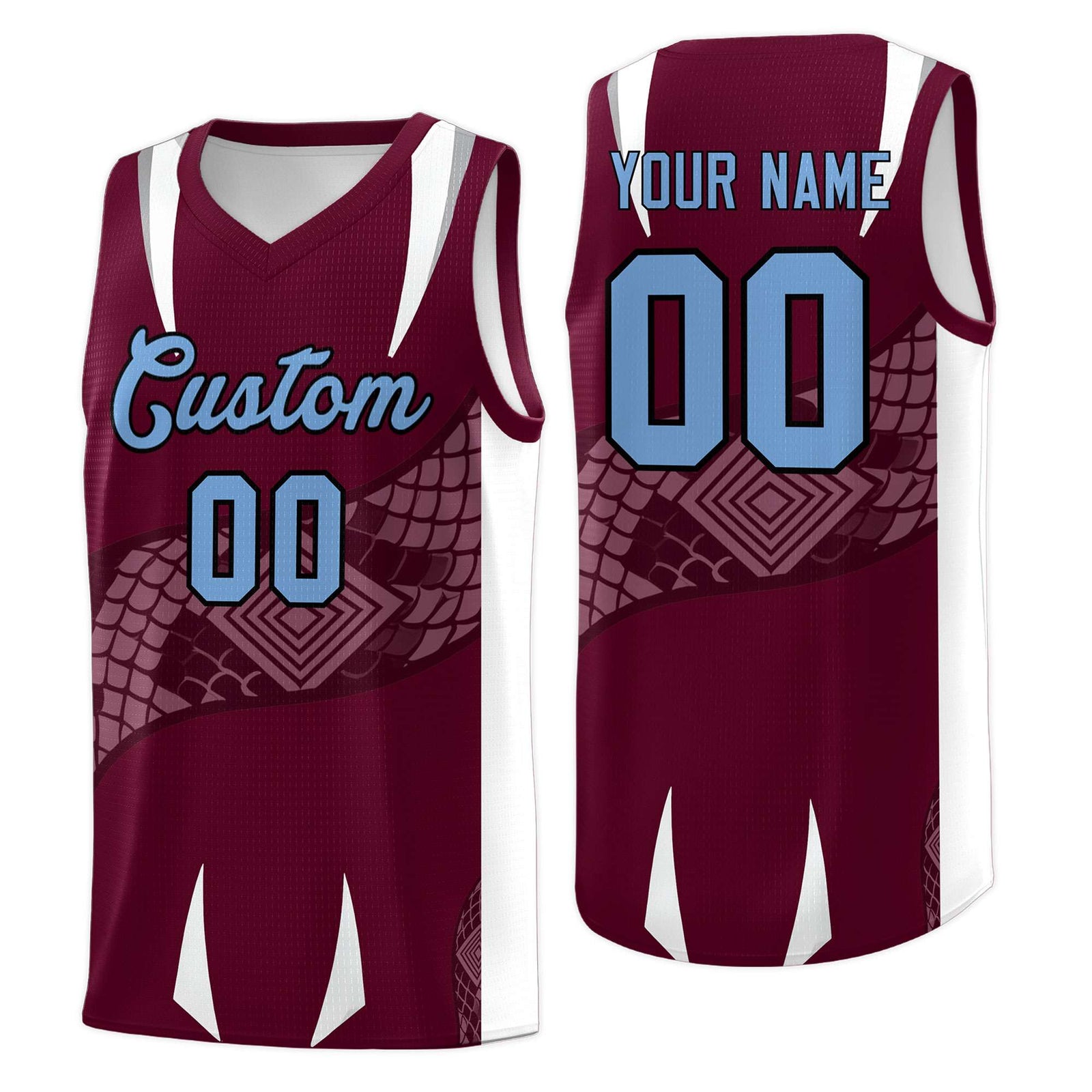 Custom Burgundy White Snake Scale Venomous Fang Lightweight Graffiti Pattern Basketball Suit Jersey