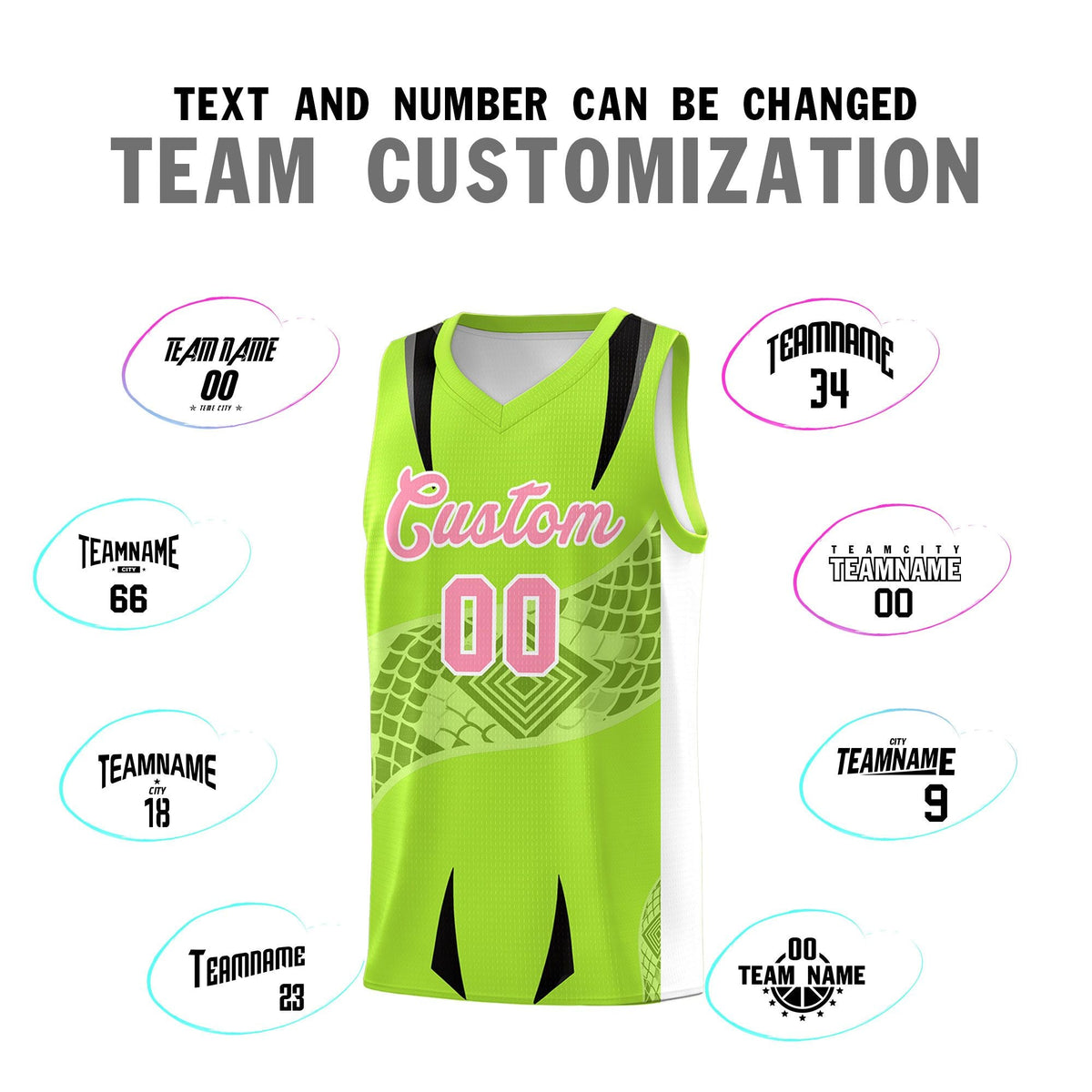 Custom Neon Green White Snake Scale Venomous Fang for Leagues Graffiti Pattern Basketball Suit Jersey