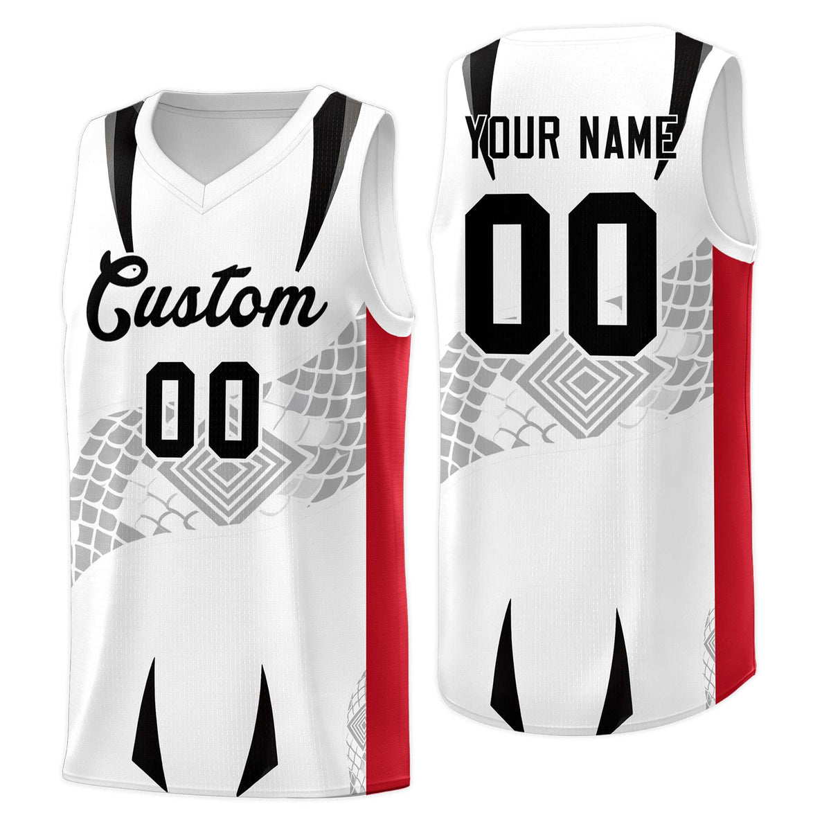 Custom White Red Snake Scale Venomous Fang for Clubs Graffiti Pattern Basketball Suit Jersey