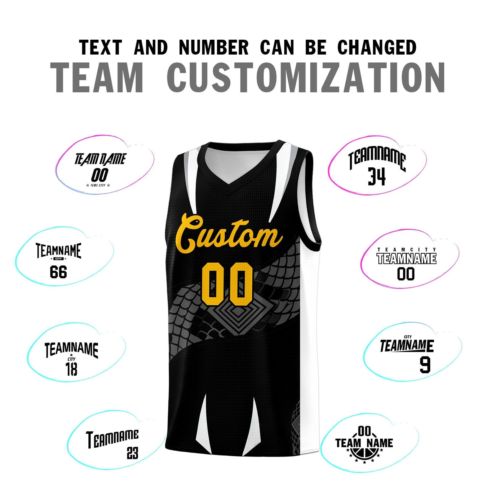 Custom Black White Snake Scale Venomous Fang Lightweight Graffiti Pattern Basketball Suit Jersey