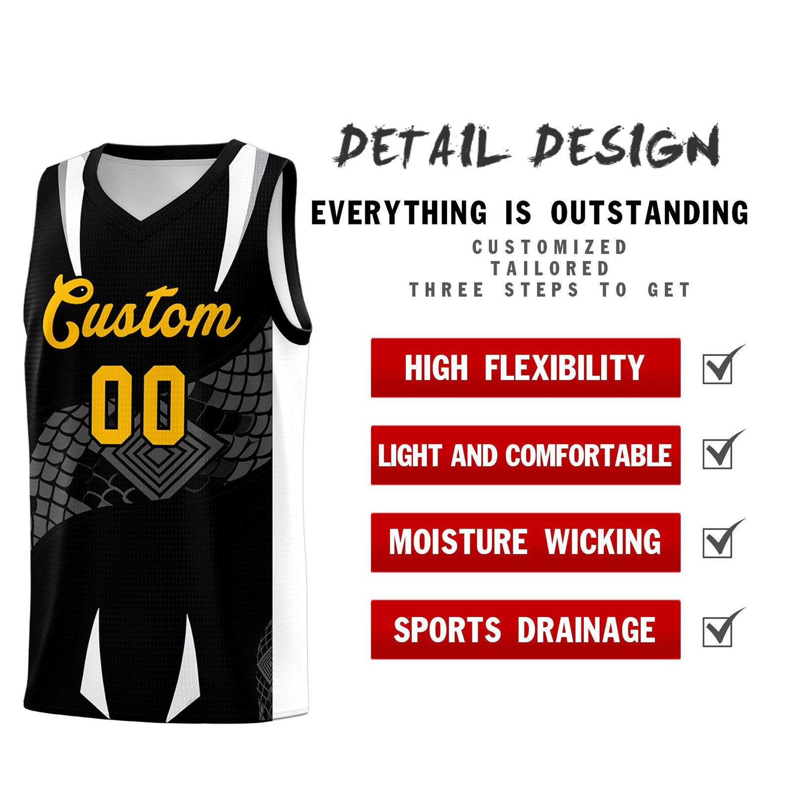 Custom Black White Snake Scale Venomous Fang Lightweight Graffiti Pattern Basketball Suit Jersey