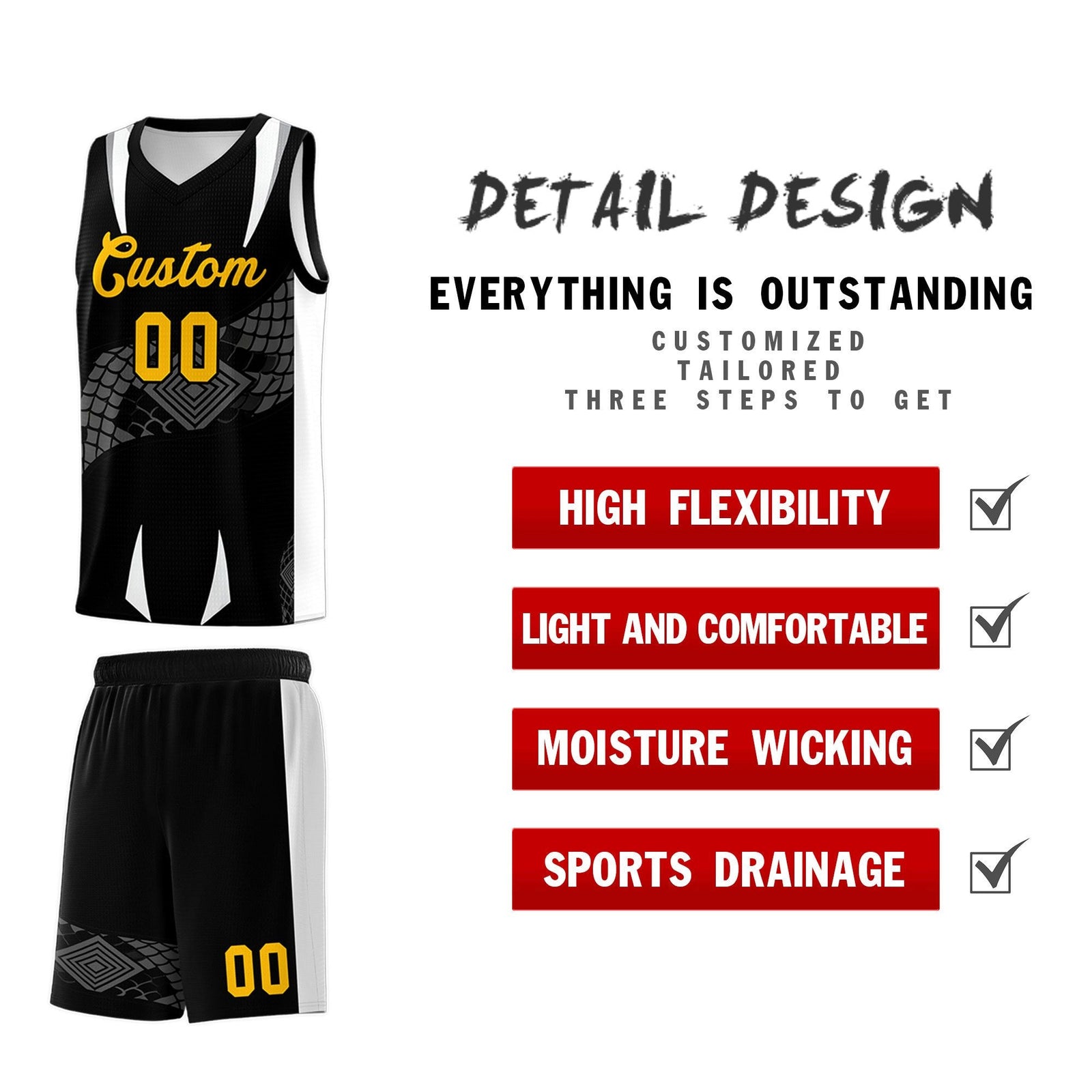 Custom Black White Snake Scale Venomous Fang Lightweight Graffiti Pattern Basketball Suit Jersey