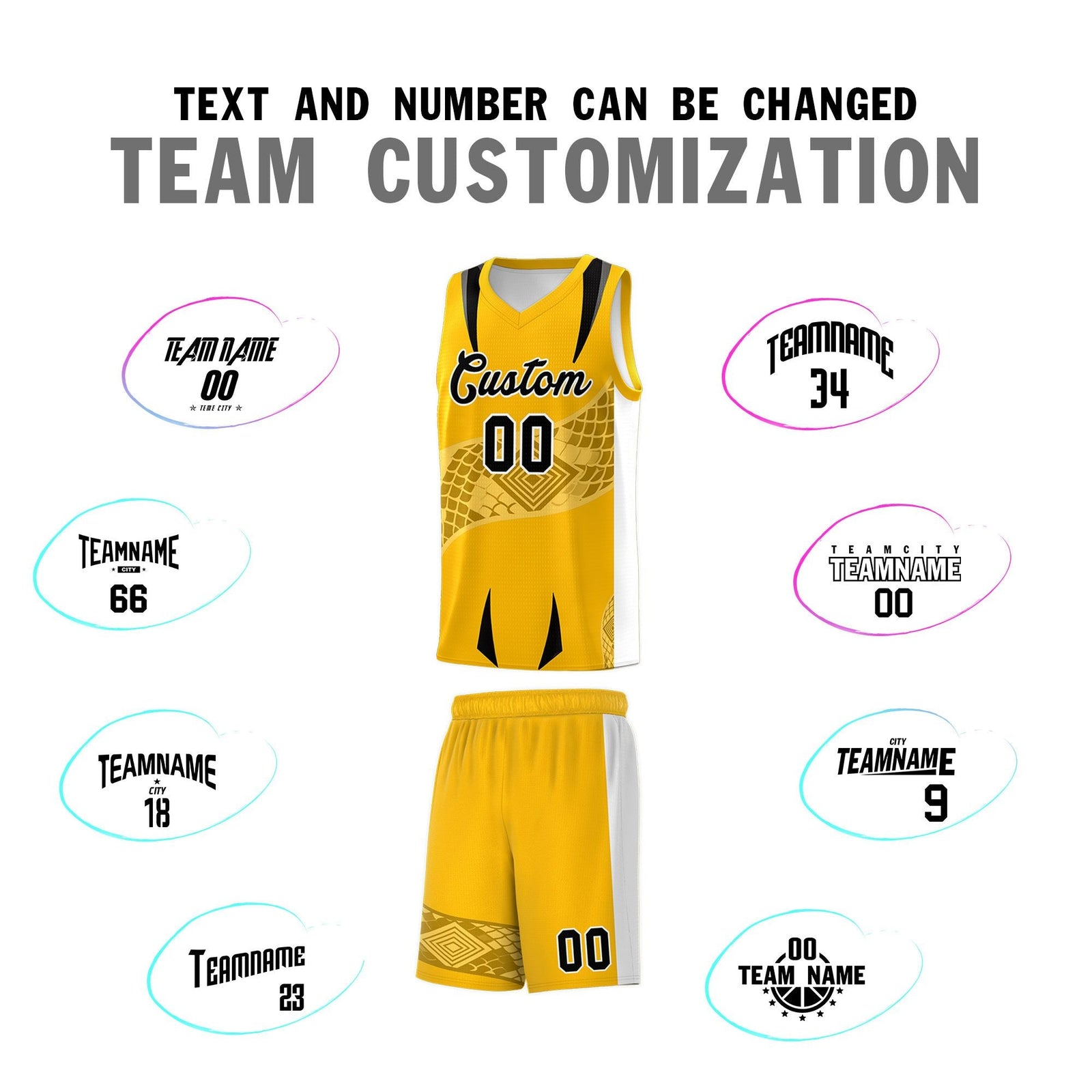 Custom Yellow White Snake Scale Venomous Fang for Team Graffiti Pattern Basketball Suit Jersey
