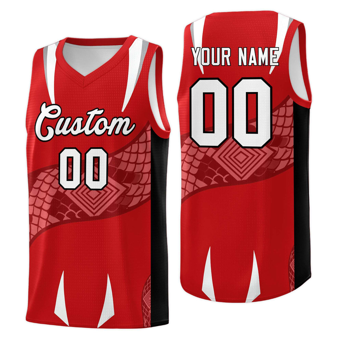 Custom Red Black Snake Scale Venomous Fang Drapable Graffiti Pattern Basketball Suit Jersey
