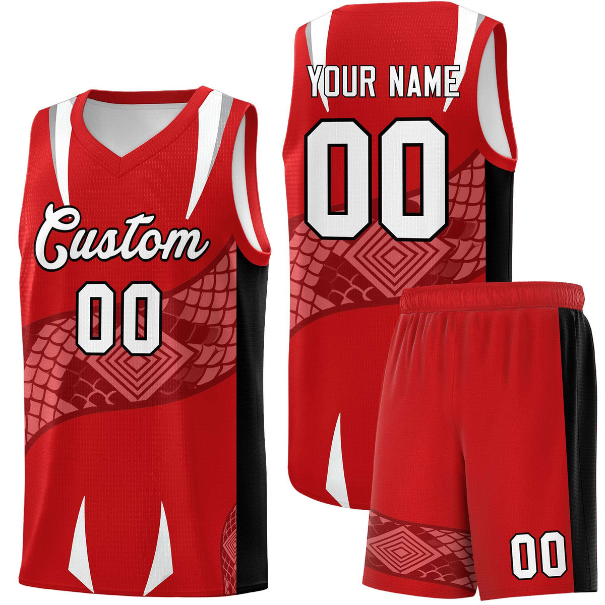 Custom Red Black Snake Scale Venomous Fang Drapable Graffiti Pattern Basketball Suit Jersey