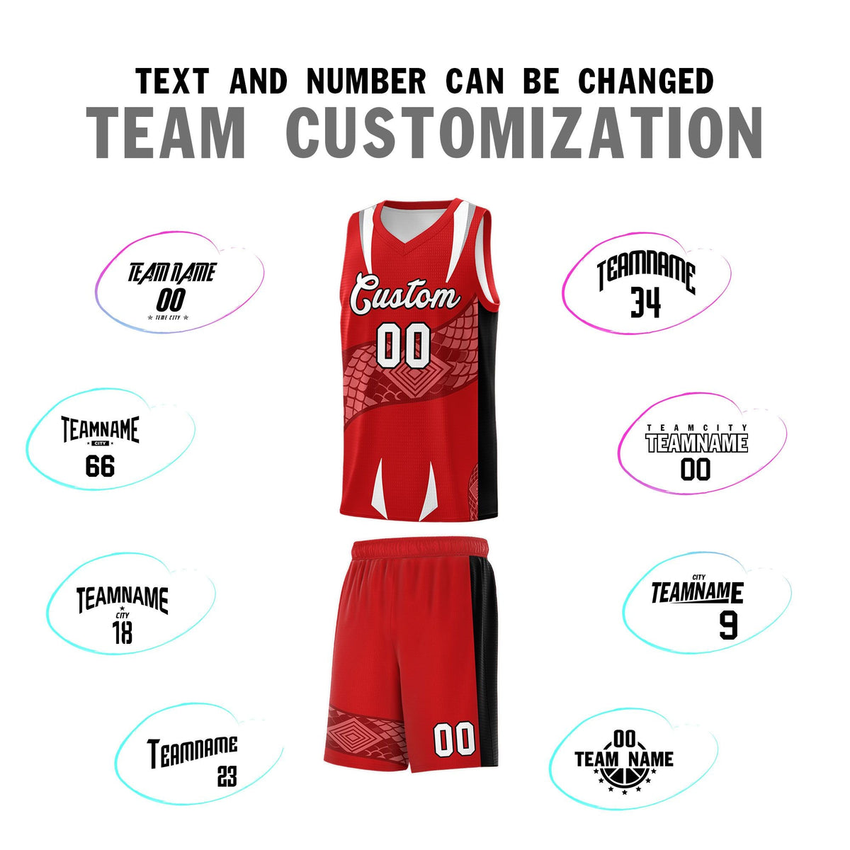 Custom Red Black Snake Scale Venomous Fang Drapable Graffiti Pattern Basketball Suit Jersey