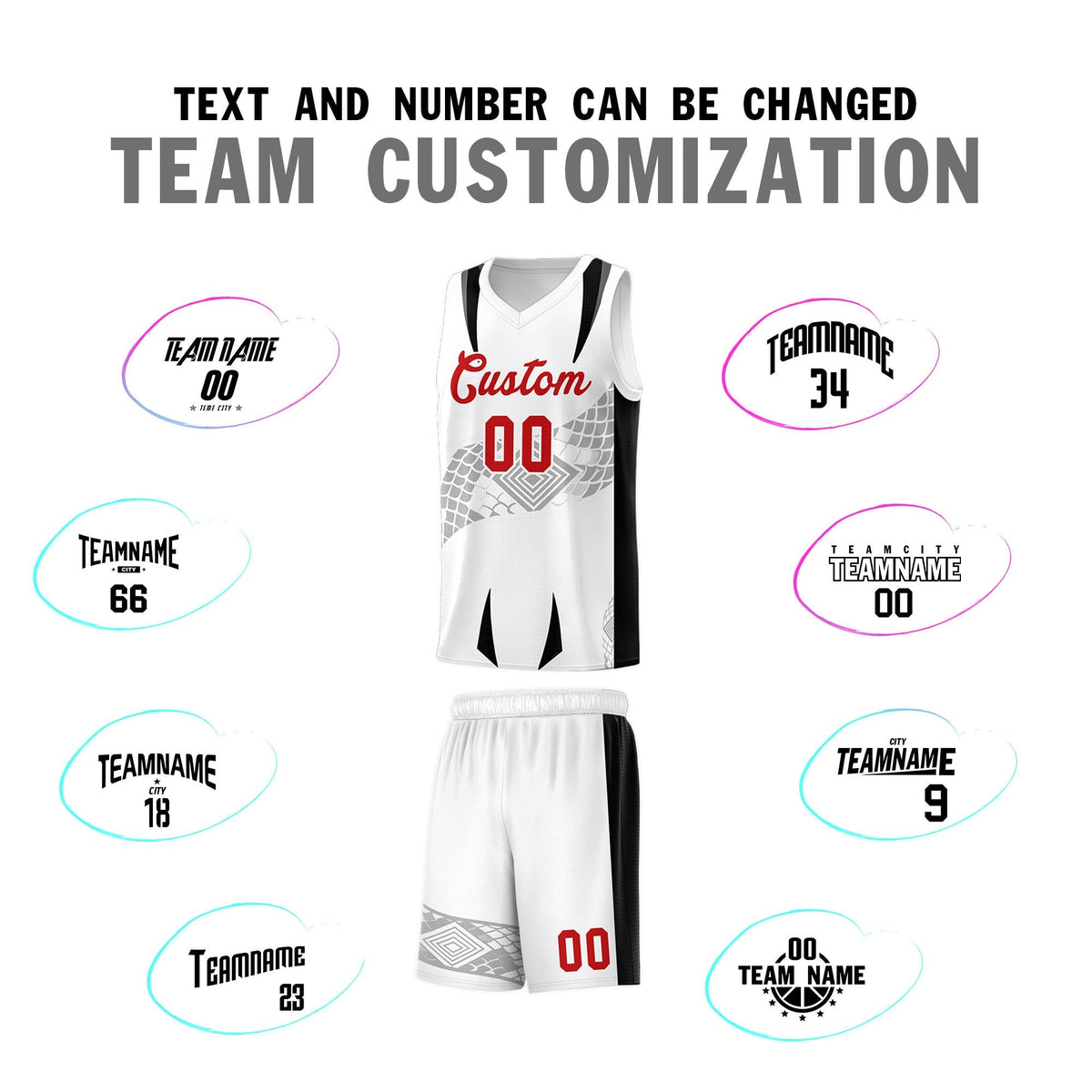 Custom White Black Snake Scale Venomous Fang for Leagues Graffiti Pattern Basketball Suit Jersey