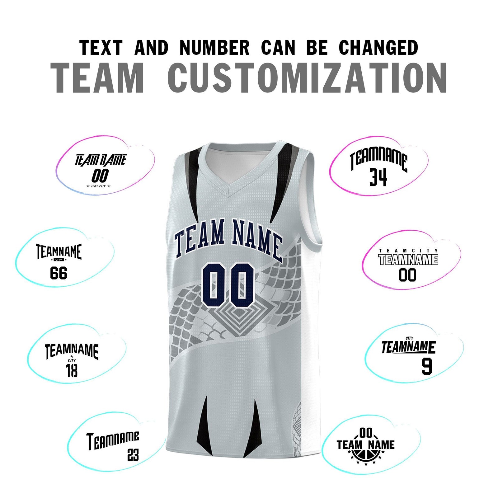 Custom Silver White Snake Scale Venomous Fang for Team Graffiti Pattern Basketball Suit Jersey