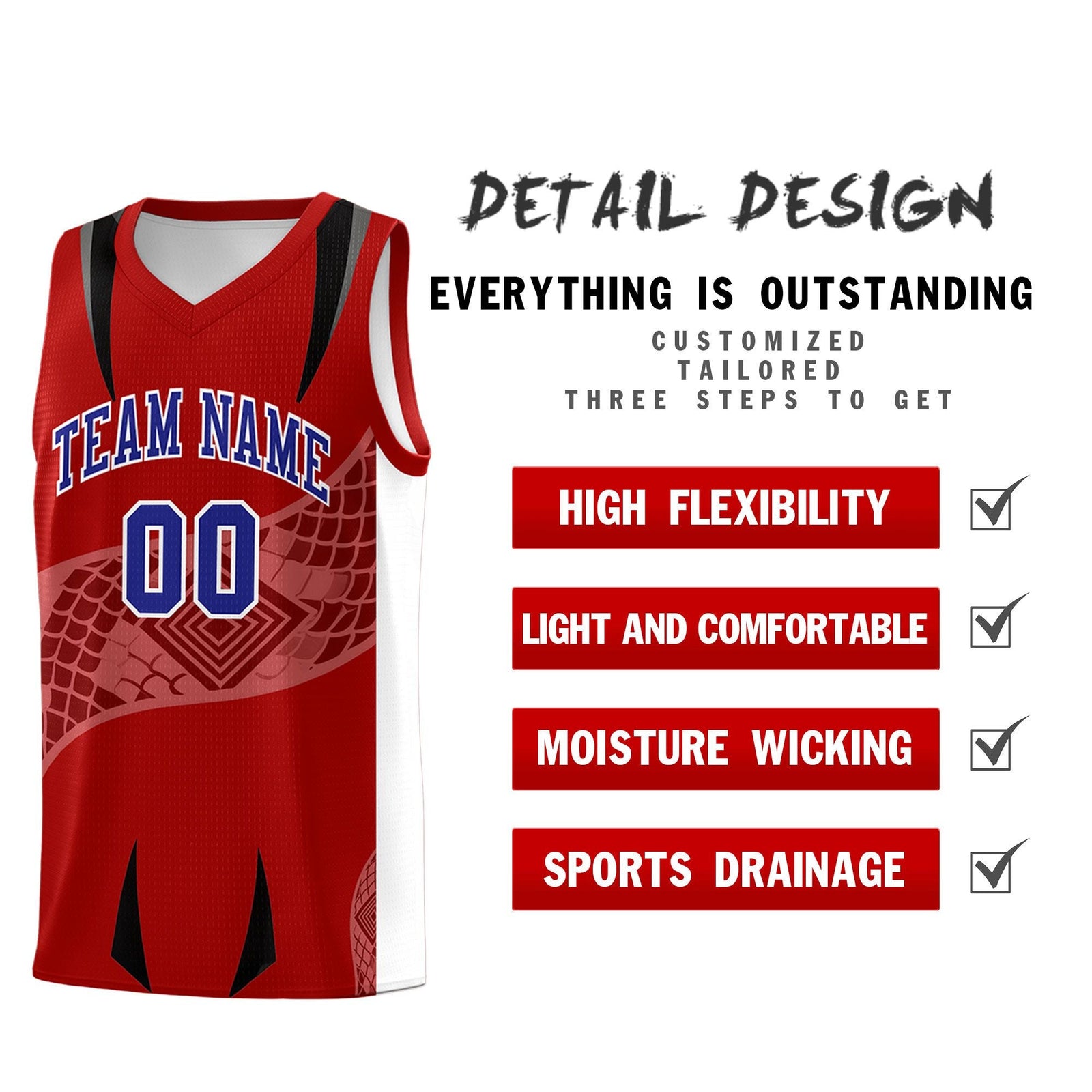 Custom Red White Snake Scale Venomous Fang for Leagues Graffiti Pattern Basketball Suit Jersey