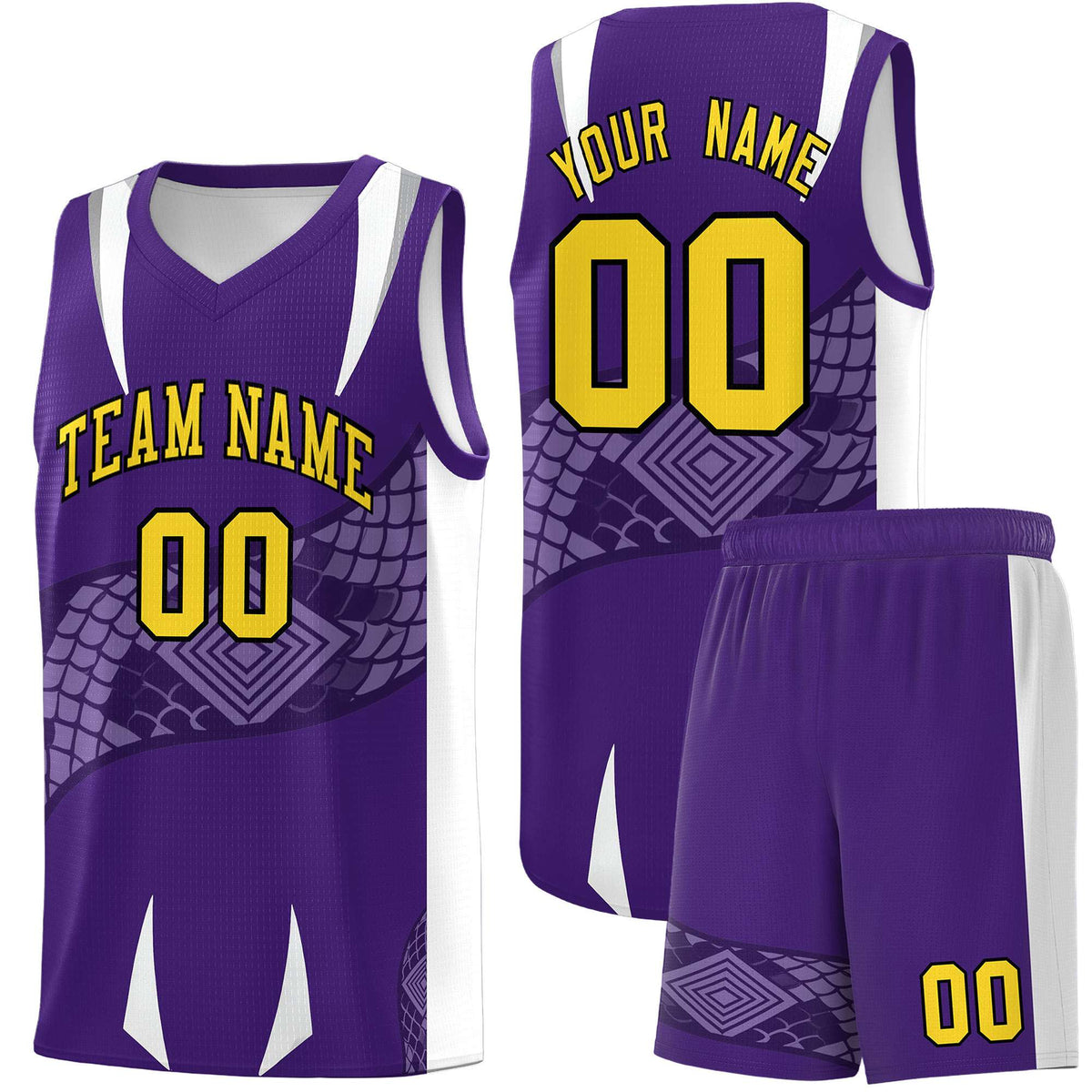 Custom Purple White Snake Scale Venomous Fang Drapable Graffiti Pattern Basketball Suit Jersey