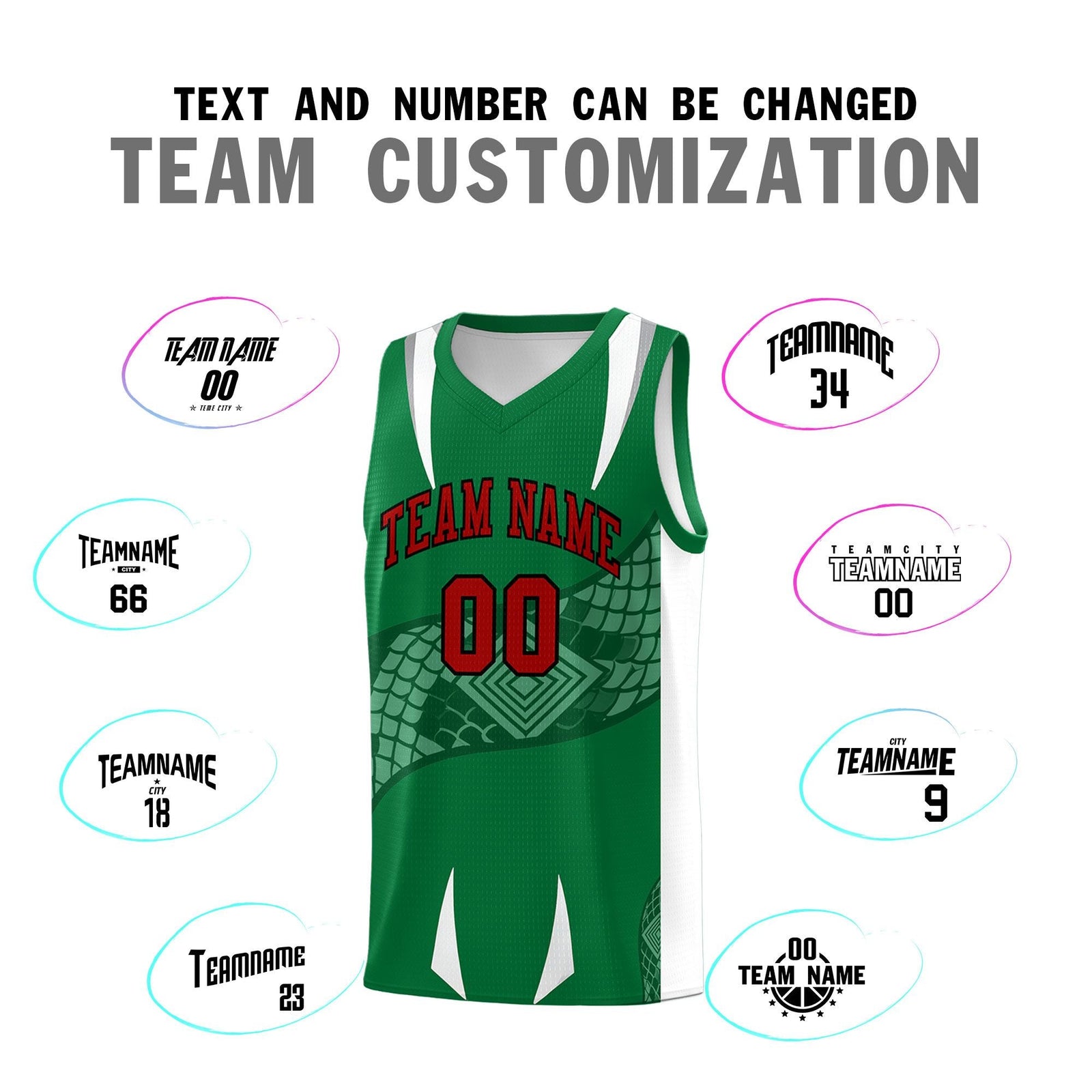 Custom Kelly Green White Snake Scale Venomous Fang Breathable Graffiti Pattern Basketball Suit Jersey