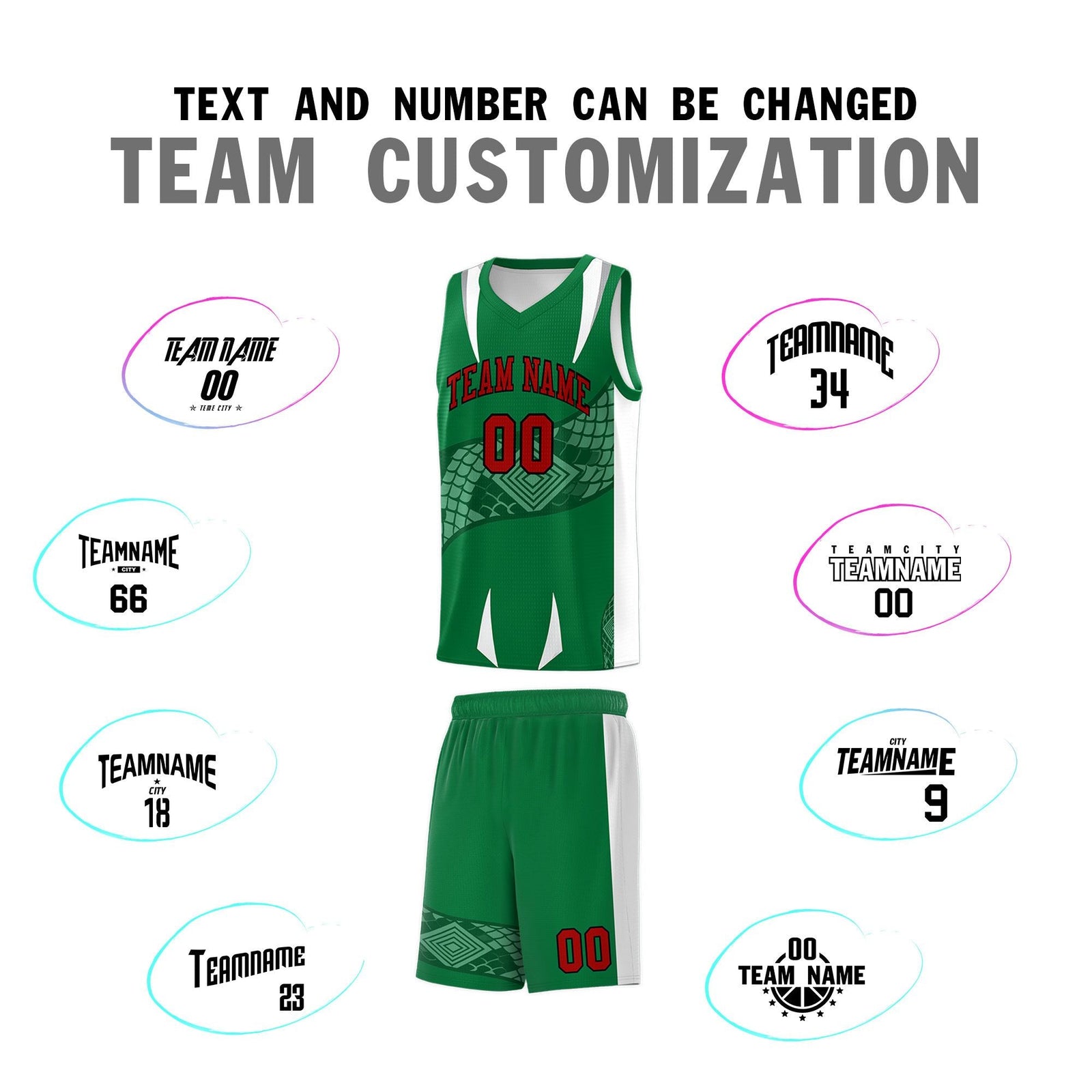 Custom Kelly Green White Snake Scale Venomous Fang Breathable Graffiti Pattern Basketball Suit Jersey