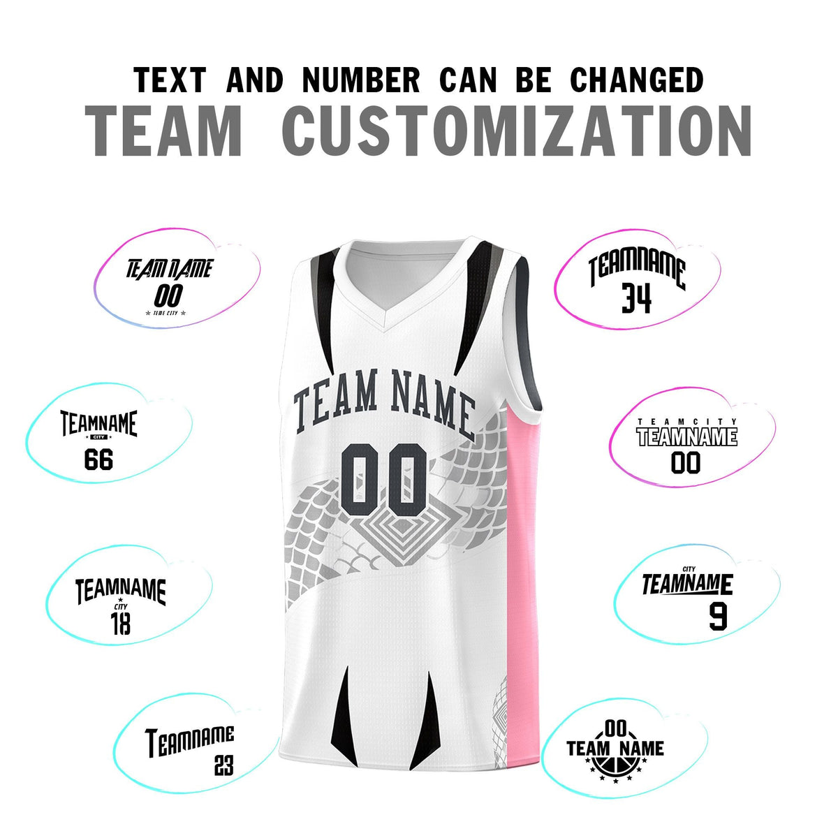 Custom White Light Pink Snake Scale Venomous Fang for Leagues Graffiti Pattern Basketball Suit Jersey