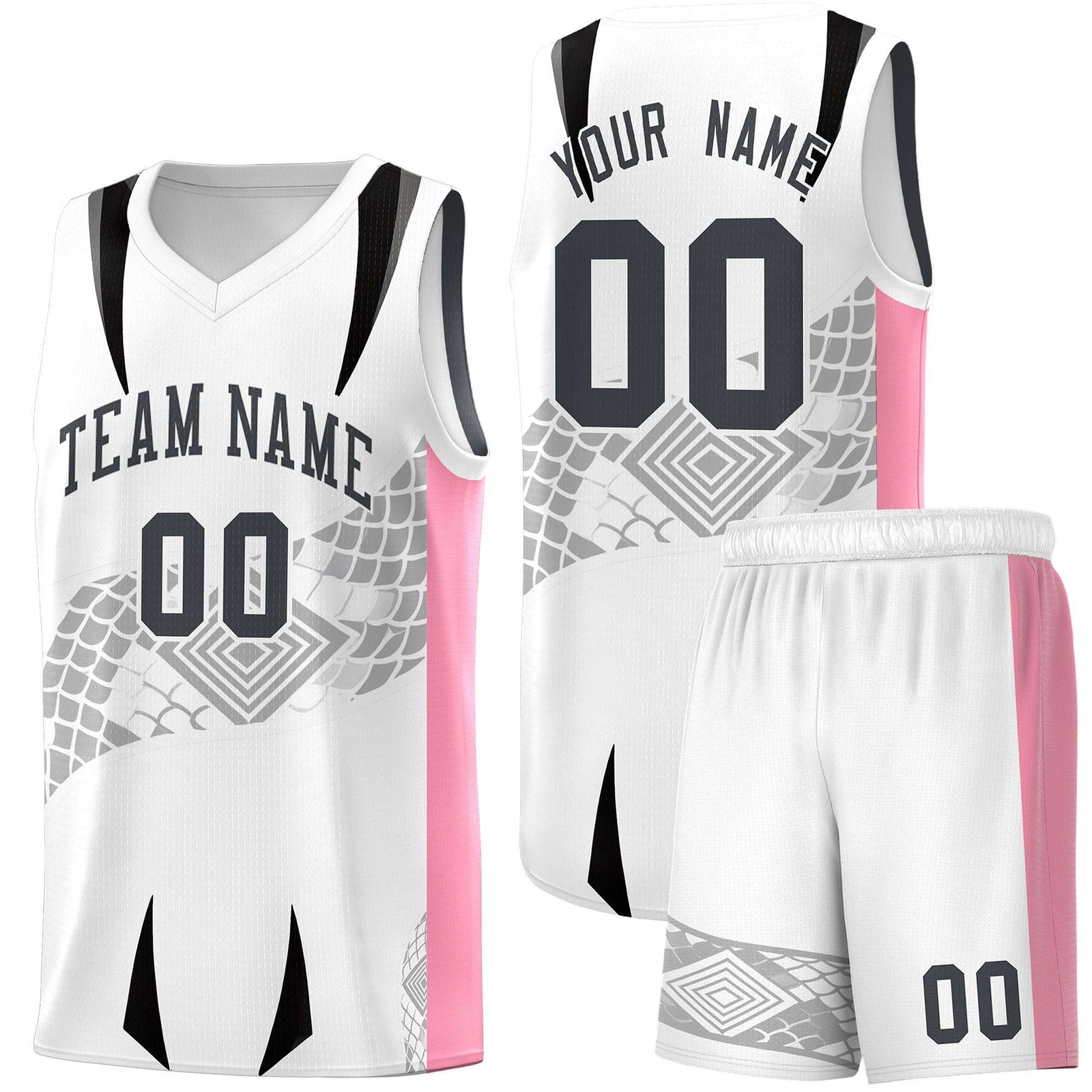 Custom White Light Pink Snake Scale Venomous Fang for Leagues Graffiti Pattern Basketball Suit Jersey
