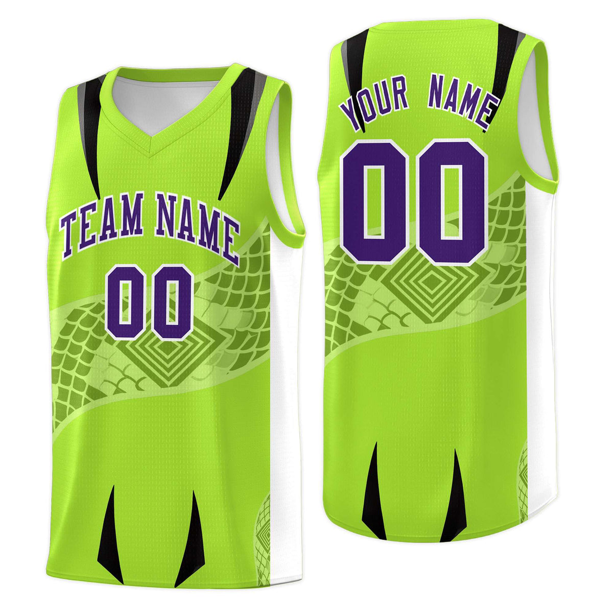 Custom Neon Green White Snake Scale Venomous Fang for Clubs Graffiti Pattern Basketball Suit Jersey