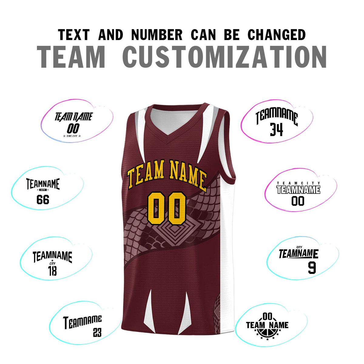 Custom Burgundy White Snake Scale Venomous Fang Drapable Graffiti Pattern Basketball Suit Jersey