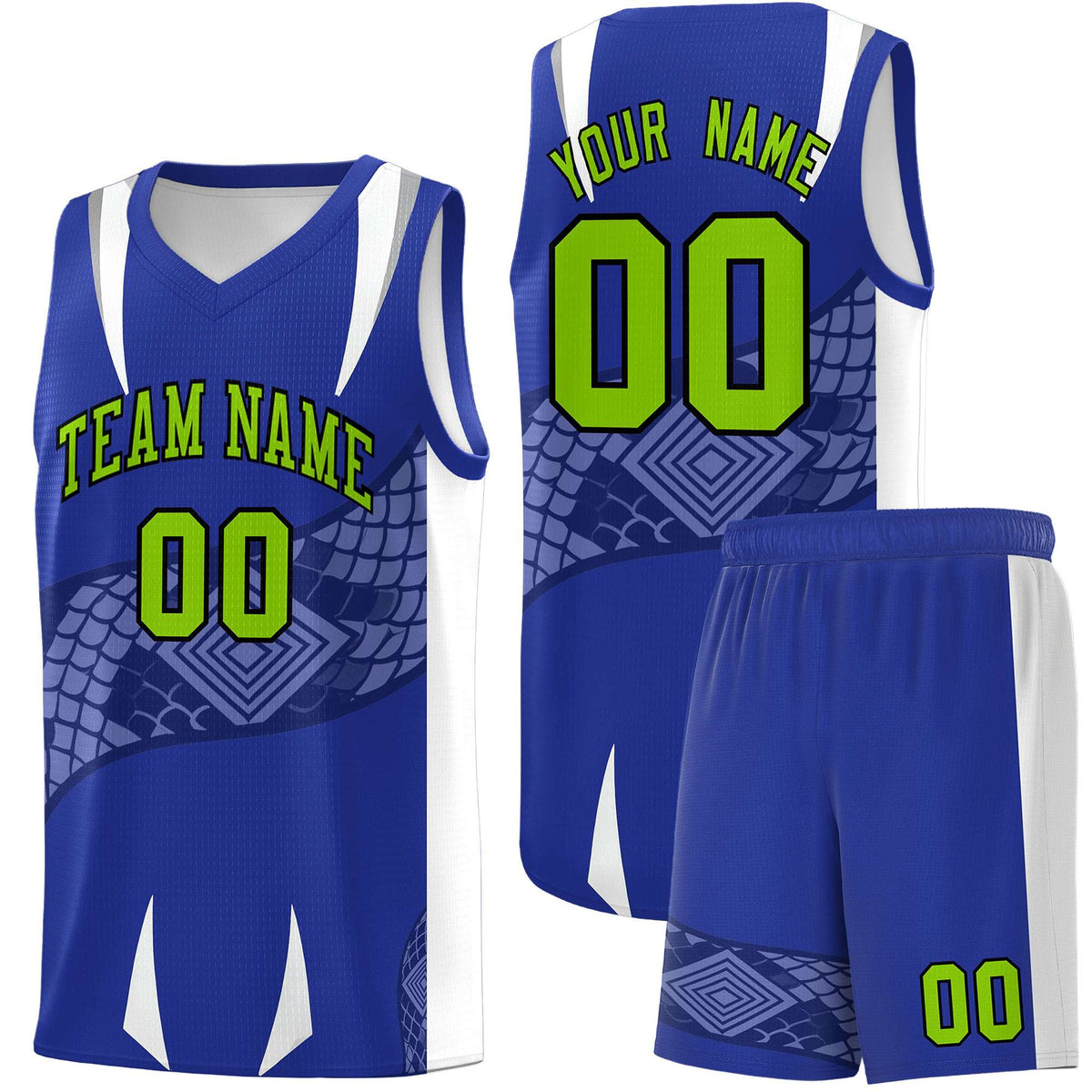 Custom Royal White Snake Scale Venomous Fang Drapable Graffiti Pattern Basketball Suit Jersey
