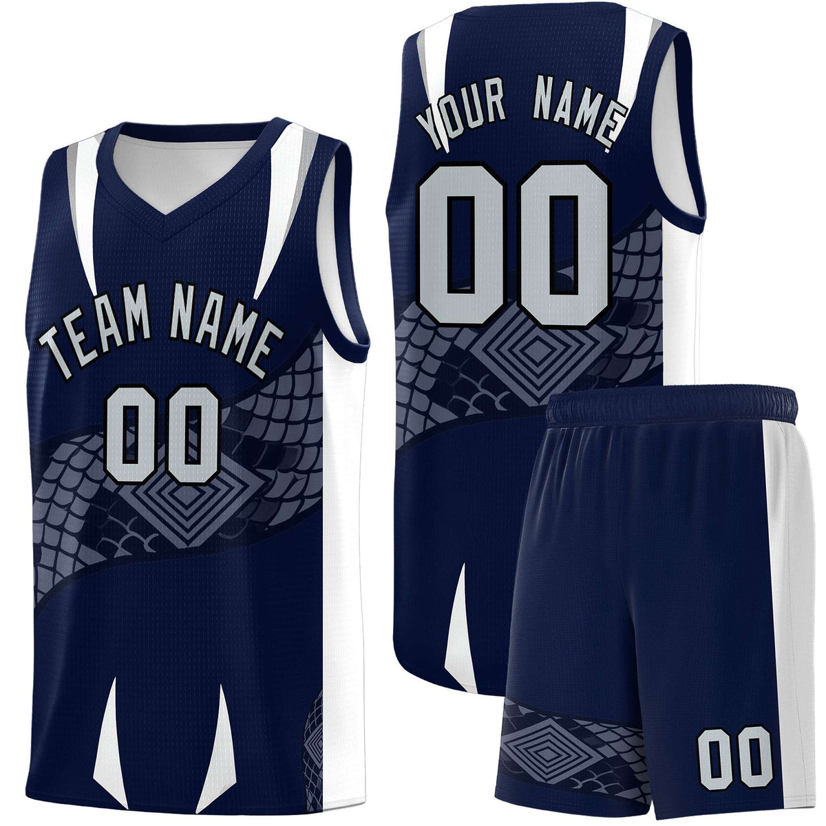 Custom Navy White Snake Scale Venomous Fang Lightweight Graffiti Pattern Basketball Suit Jersey