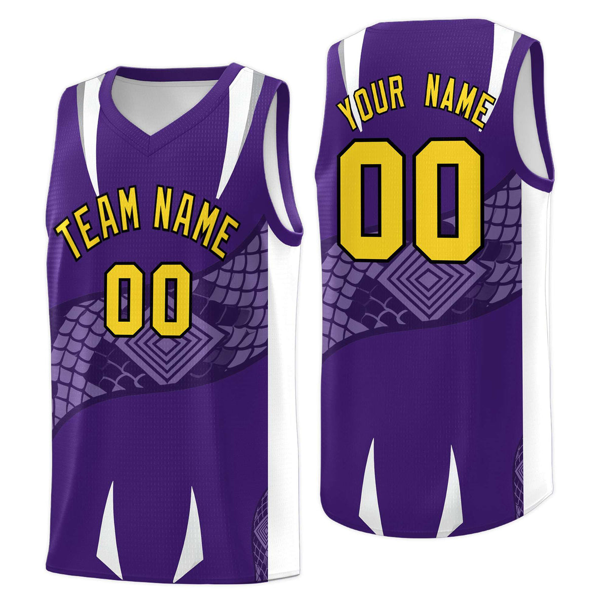 Custom Purple White Snake Scale Venomous Fang Drapable Graffiti Pattern Basketball Suit Jersey