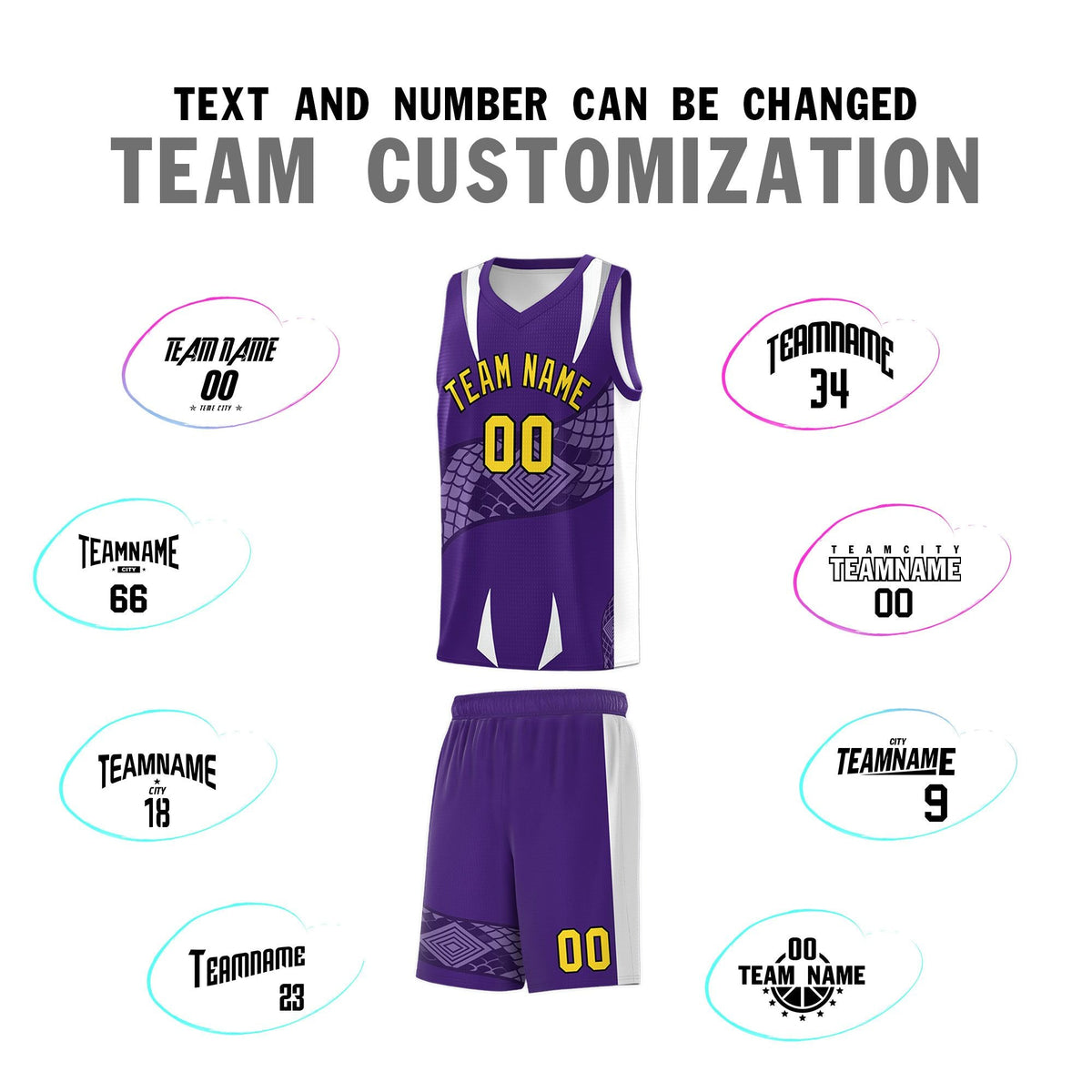 Custom Purple White Snake Scale Venomous Fang Drapable Graffiti Pattern Basketball Suit Jersey