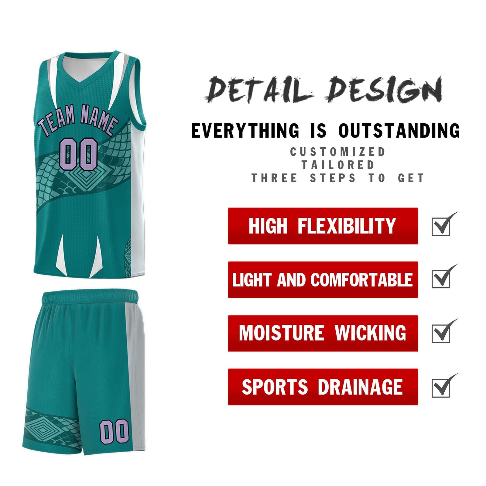 Custom Teal Silver Snake Scale Venomous Fang Breathable Graffiti Pattern Basketball Suit Jersey