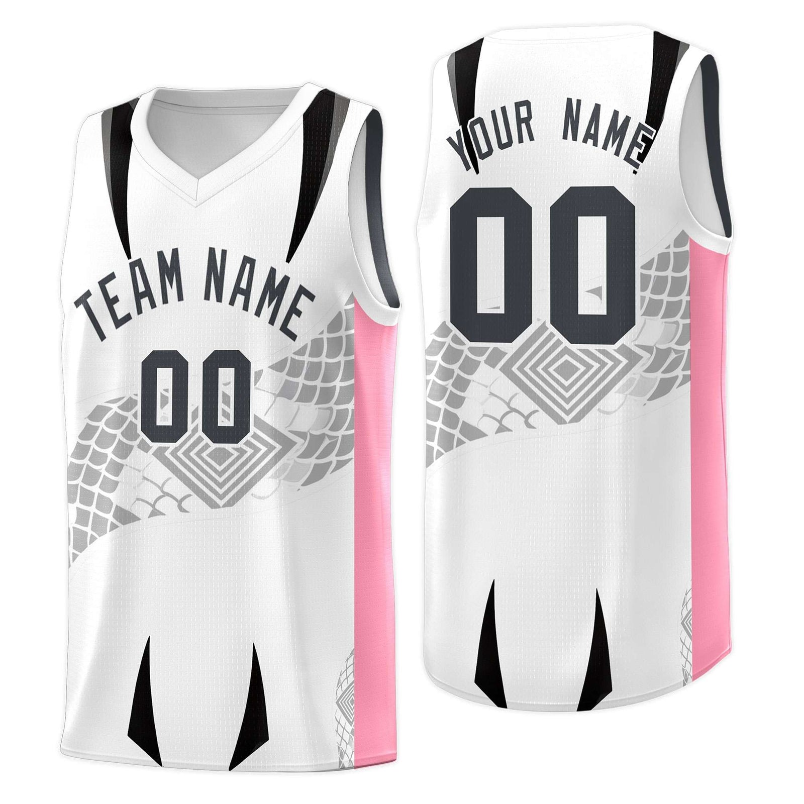 Custom White Light Pink Snake Scale Venomous Fang for Leagues Graffiti Pattern Basketball Suit Jersey