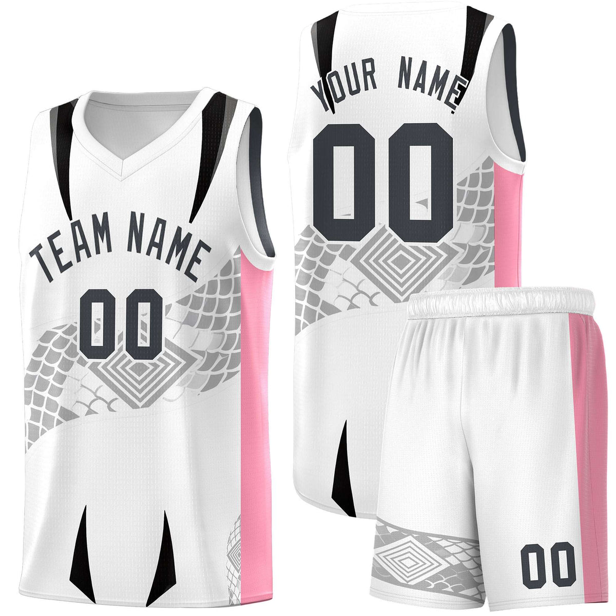 Custom White Light Pink Snake Scale Venomous Fang for Leagues Graffiti Pattern Basketball Suit Jersey