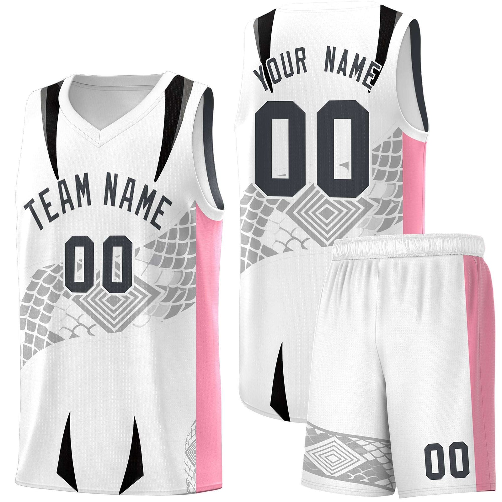 Custom White Light Pink Snake Scale Venomous Fang for Leagues Graffiti Pattern Basketball Suit Jersey