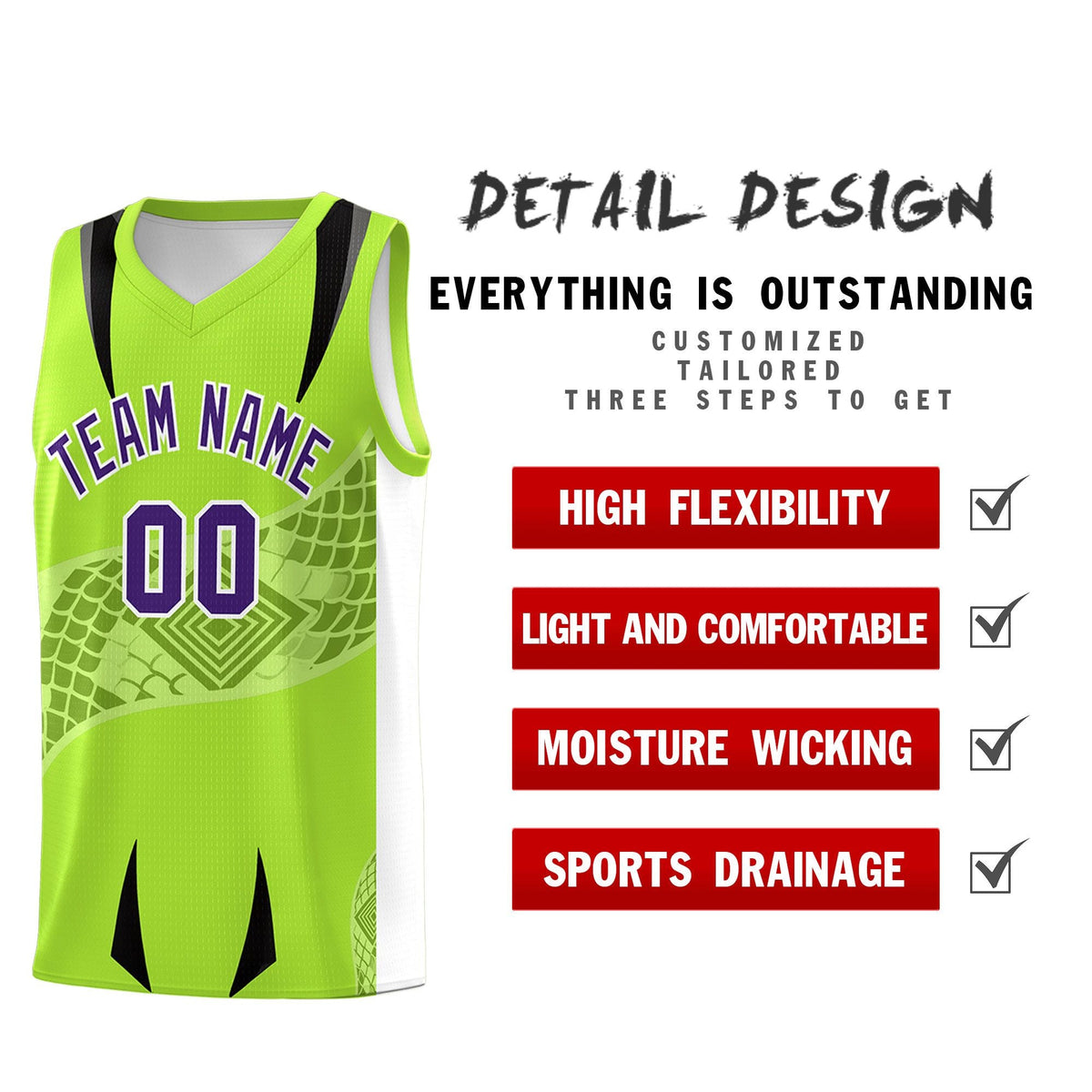 Custom Neon Green White Snake Scale Venomous Fang for Clubs Graffiti Pattern Basketball Suit Jersey