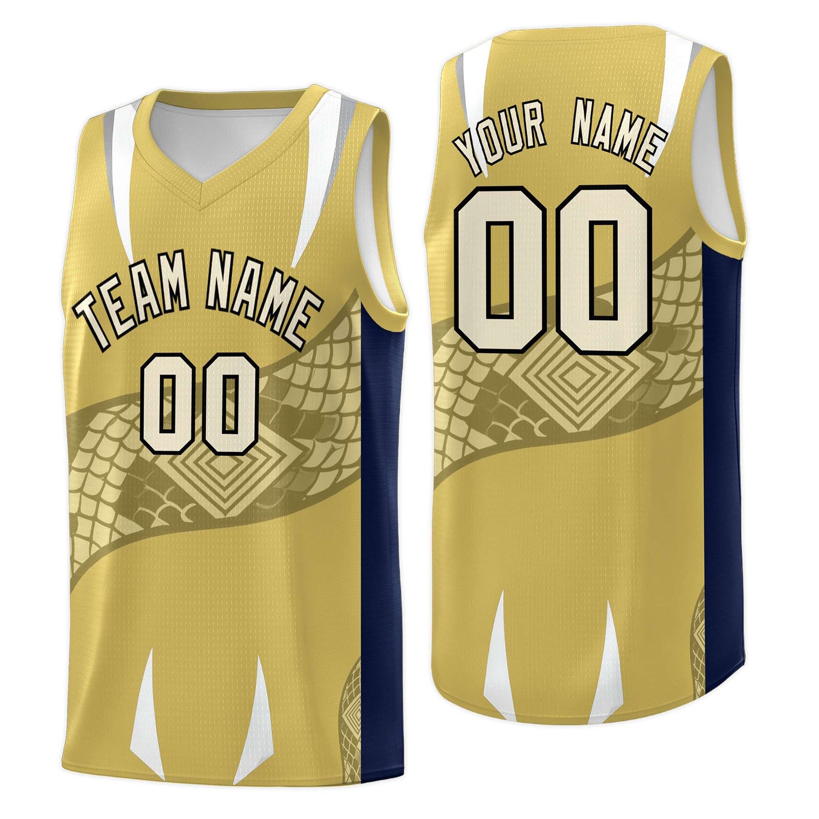Custom Old Gold Navy Snake Scale Venomous Fang Drapable Graffiti Pattern Basketball Suit Jersey