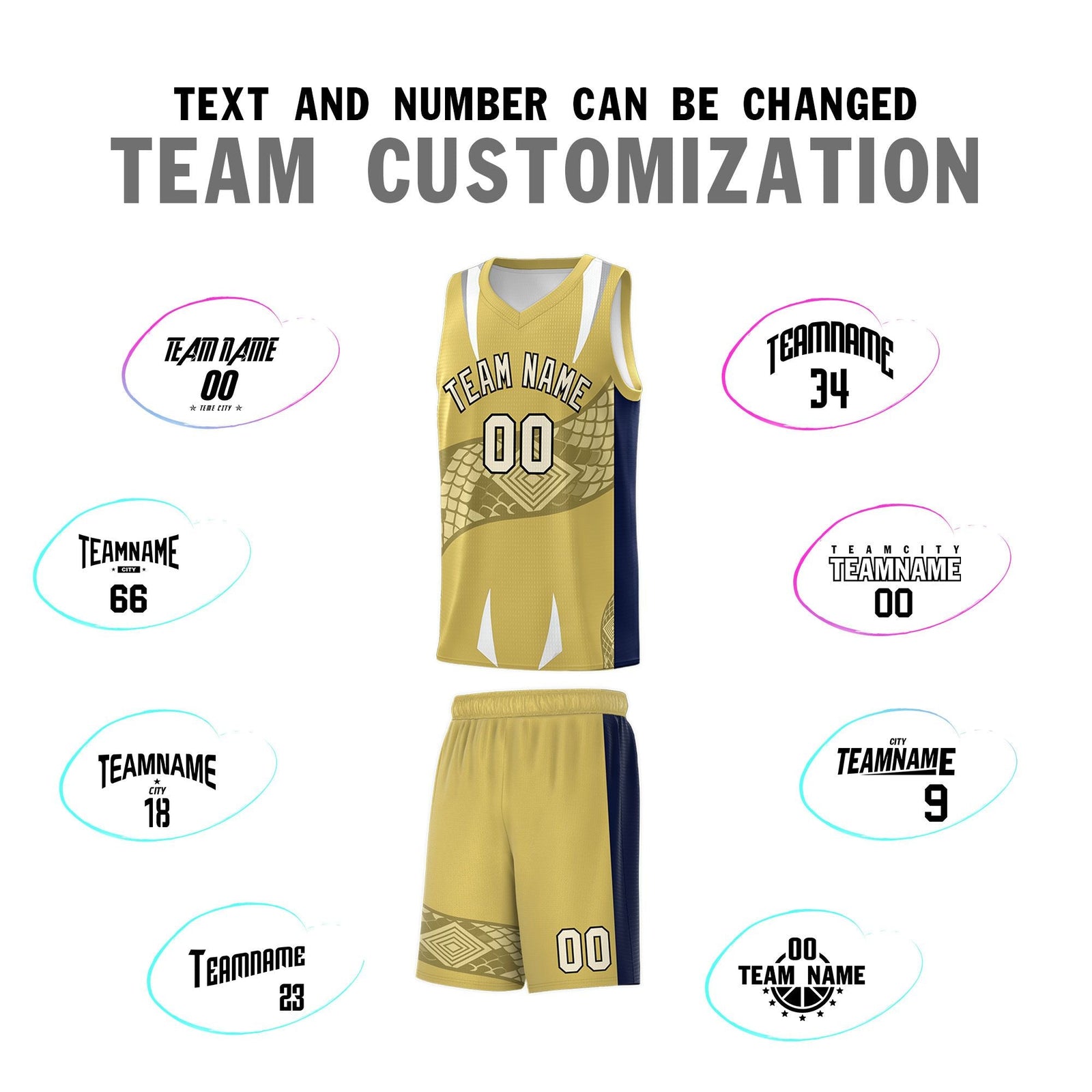 Custom Old Gold Navy Snake Scale Venomous Fang Drapable Graffiti Pattern Basketball Suit Jersey