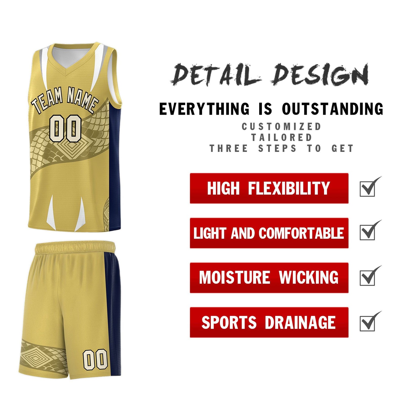 Custom Old Gold Navy Snake Scale Venomous Fang Drapable Graffiti Pattern Basketball Suit Jersey