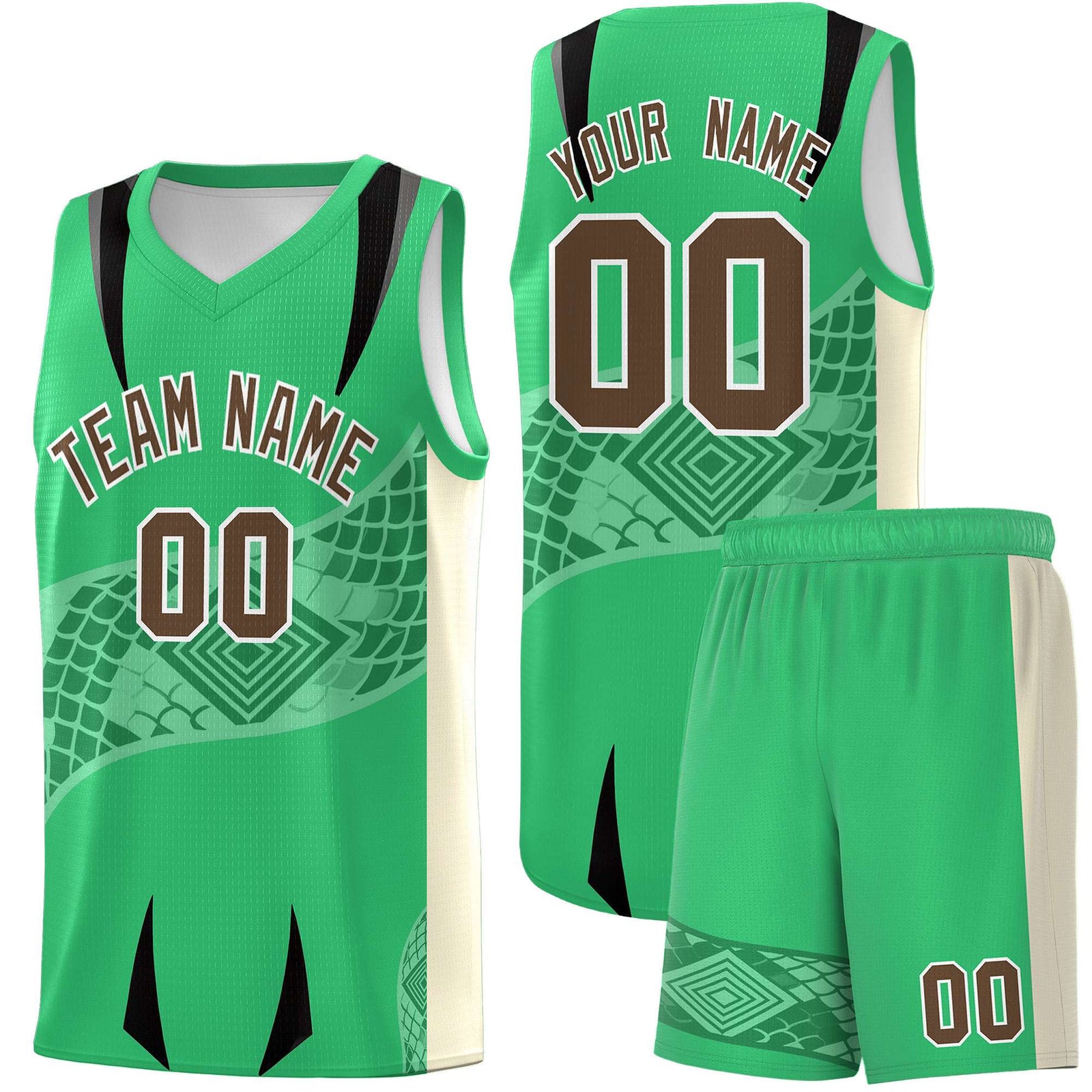 Custom Green Light Khaki Snake Scale Venomous Fang for Clubs Graffiti Pattern Basketball Suit Jersey