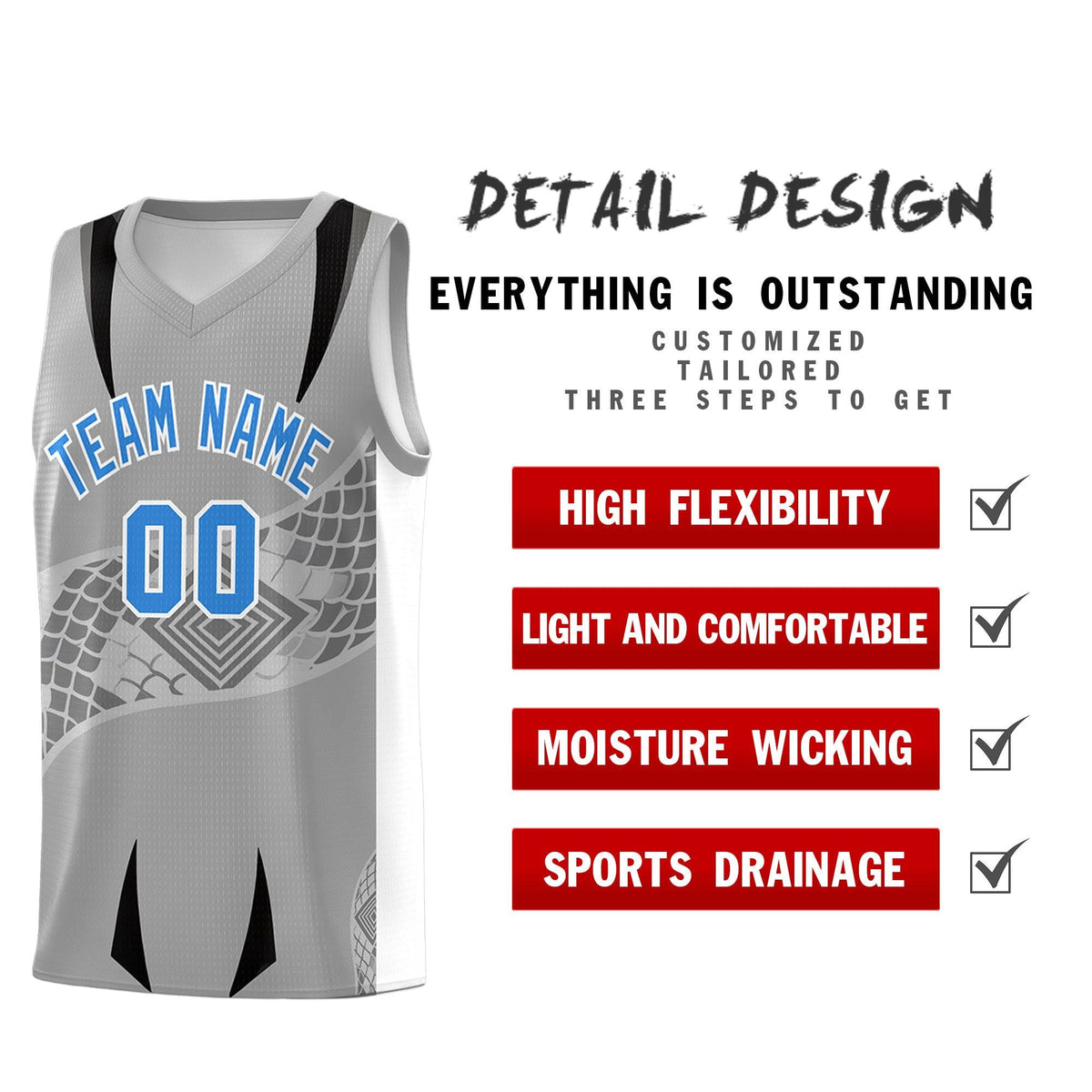 Custom Gray White Snake Scale Venomous Fang for Team Graffiti Pattern Basketball Suit Jersey
