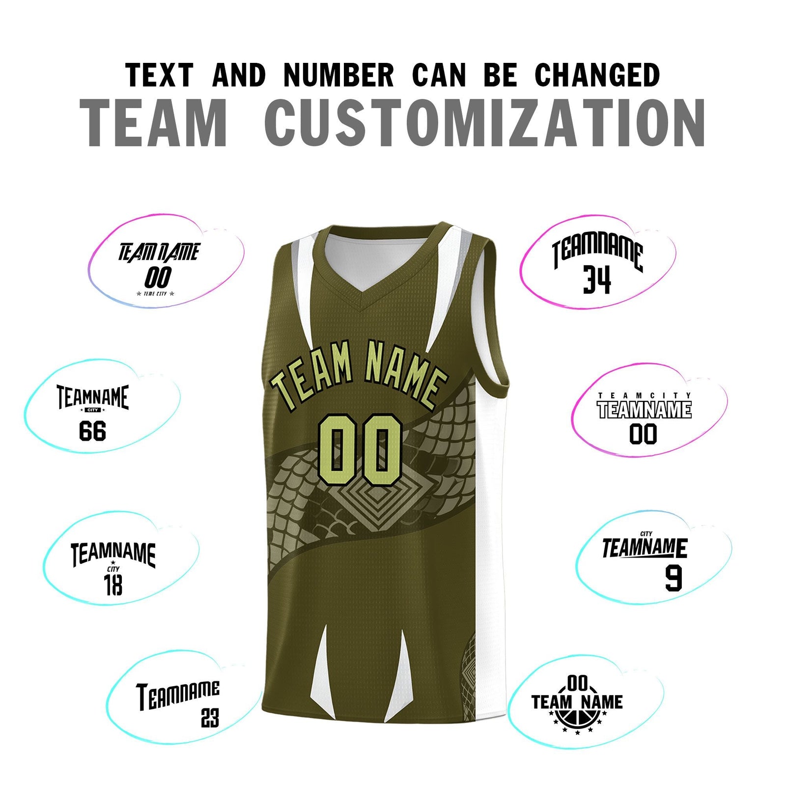 Custom Olive White Snake Scale Venomous Fang Breathable Graffiti Pattern Basketball Suit Jersey