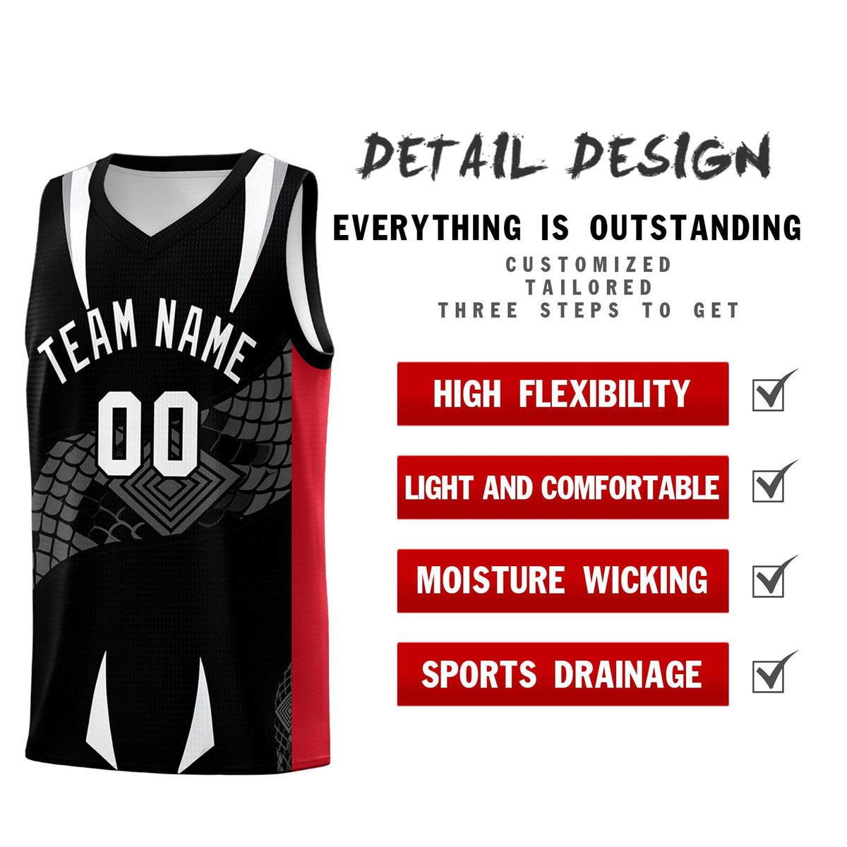Custom Black Red  Snake Scale Venomous Fang Breathable Graffiti Pattern Basketball Suit Jersey