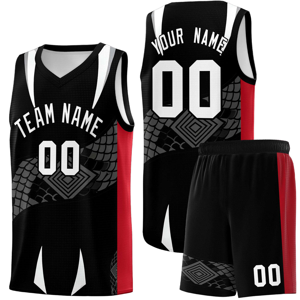 Custom Black Red  Snake Scale Venomous Fang Breathable Graffiti Pattern Basketball Suit Jersey