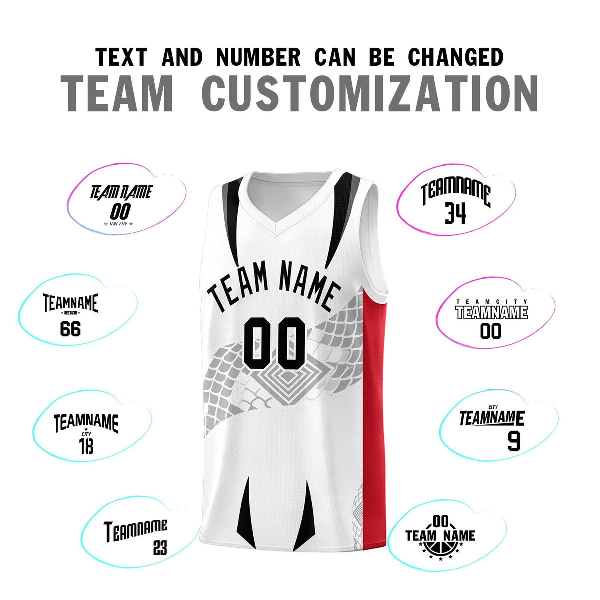 Custom White Red Snake Scale Venomous Fang for Clubs Graffiti Pattern Basketball Suit Jersey