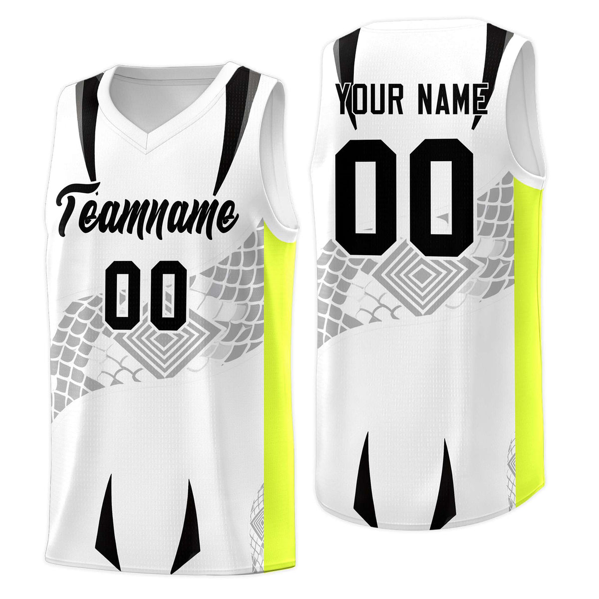 Custom White Neon Green Snake Scale Venomous Fang for Clubs Graffiti Pattern Basketball Suit Jersey