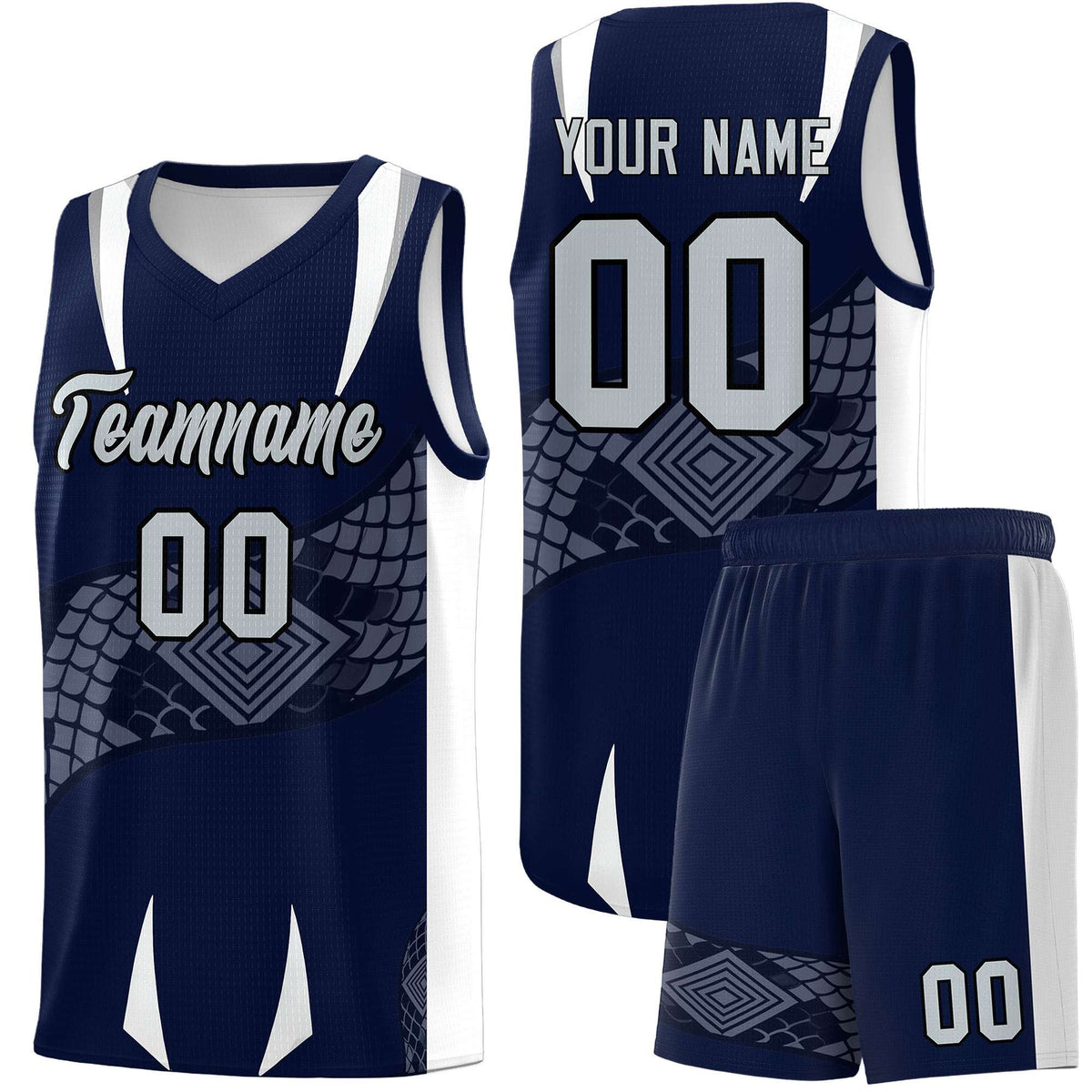 Custom Navy White Snake Scale Venomous Fang Lightweight Graffiti Pattern Basketball Suit Jersey
