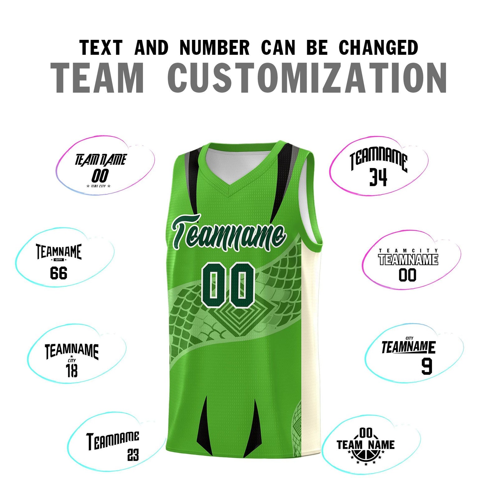 Custom Light Green Cream Snake Scale Venomous Fang for Team Graffiti Pattern Basketball Suit Jersey