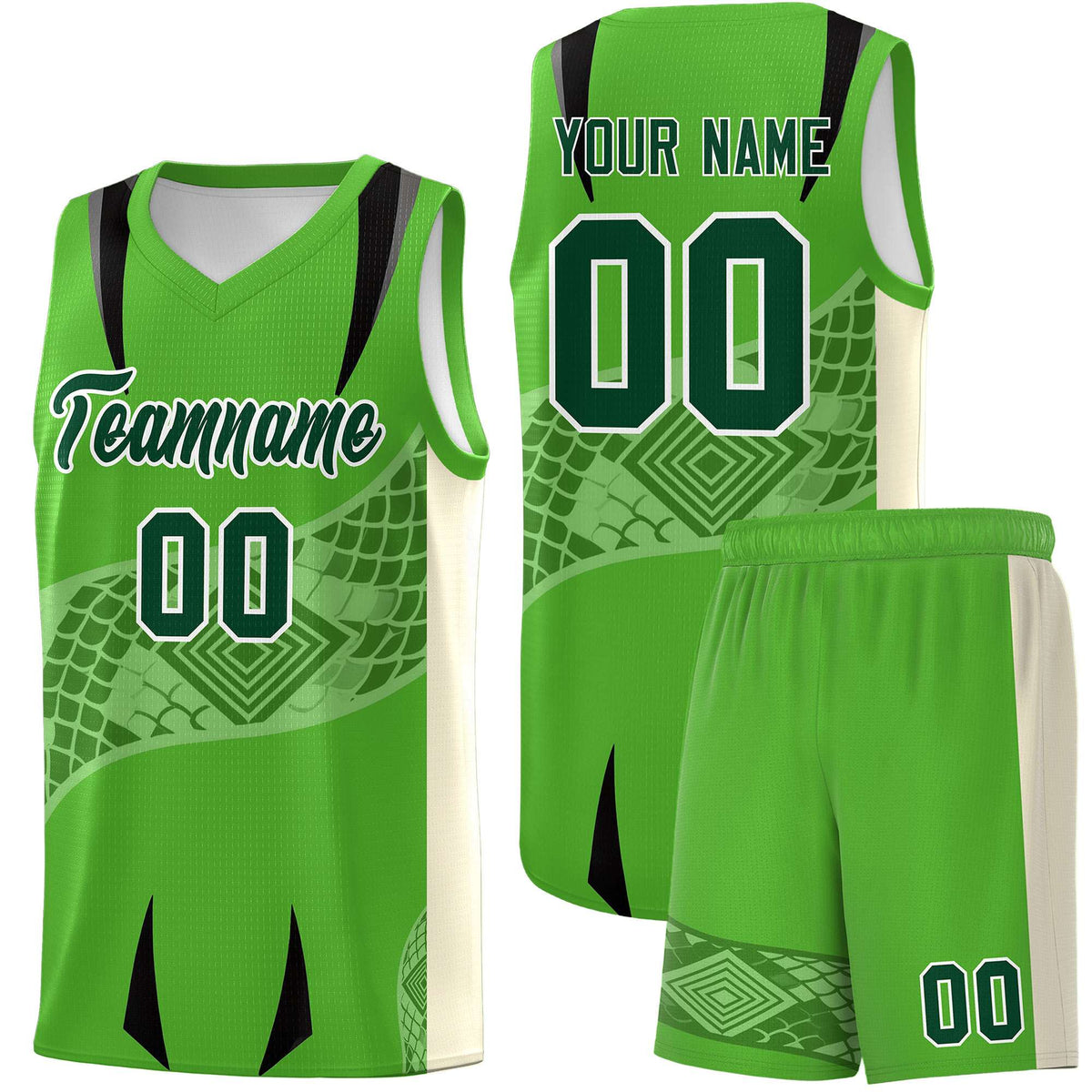 Custom Light Green Cream Snake Scale Venomous Fang for Team Graffiti Pattern Basketball Suit Jersey